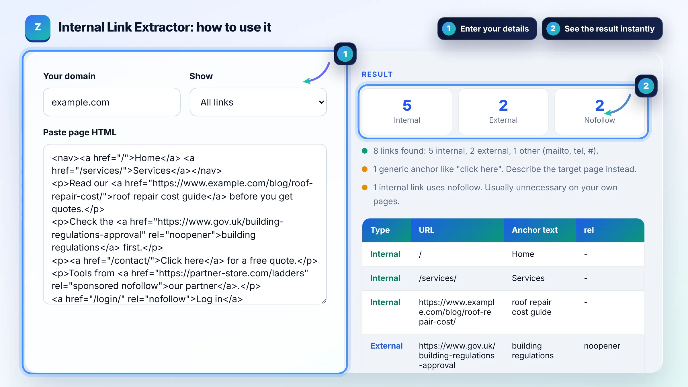 How to use the Internal Link Extractor: enter details, see the result and copy it