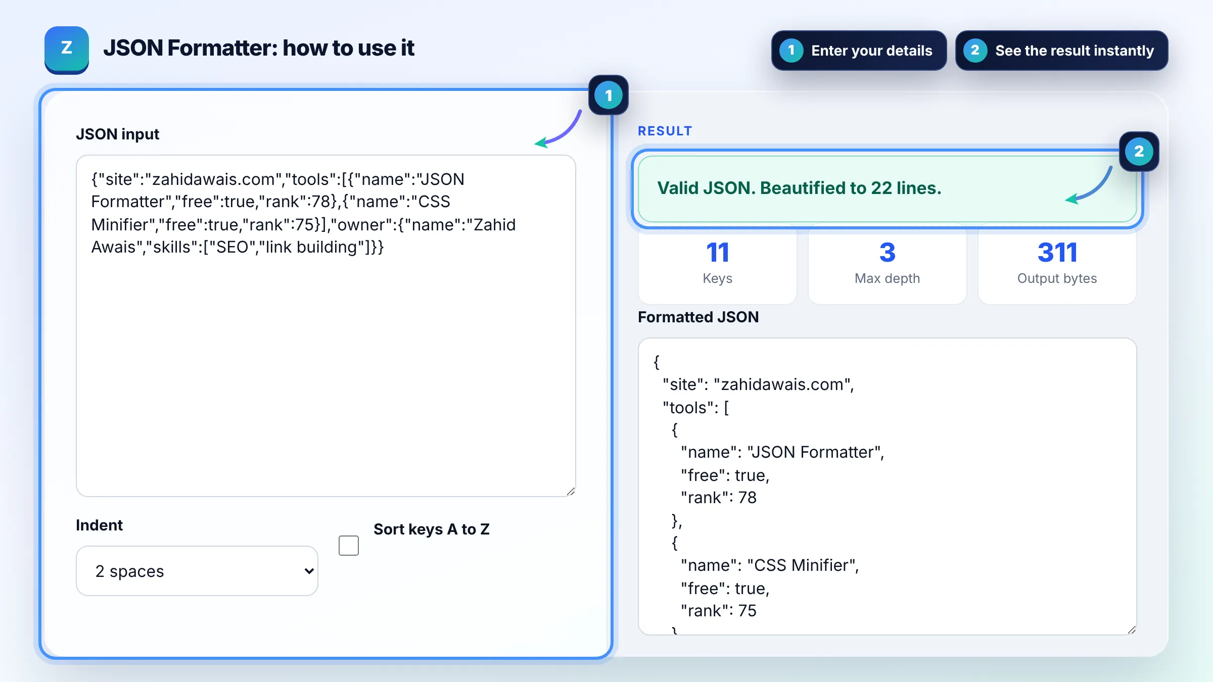 How to use the JSON Formatter: enter details, see the result and copy it