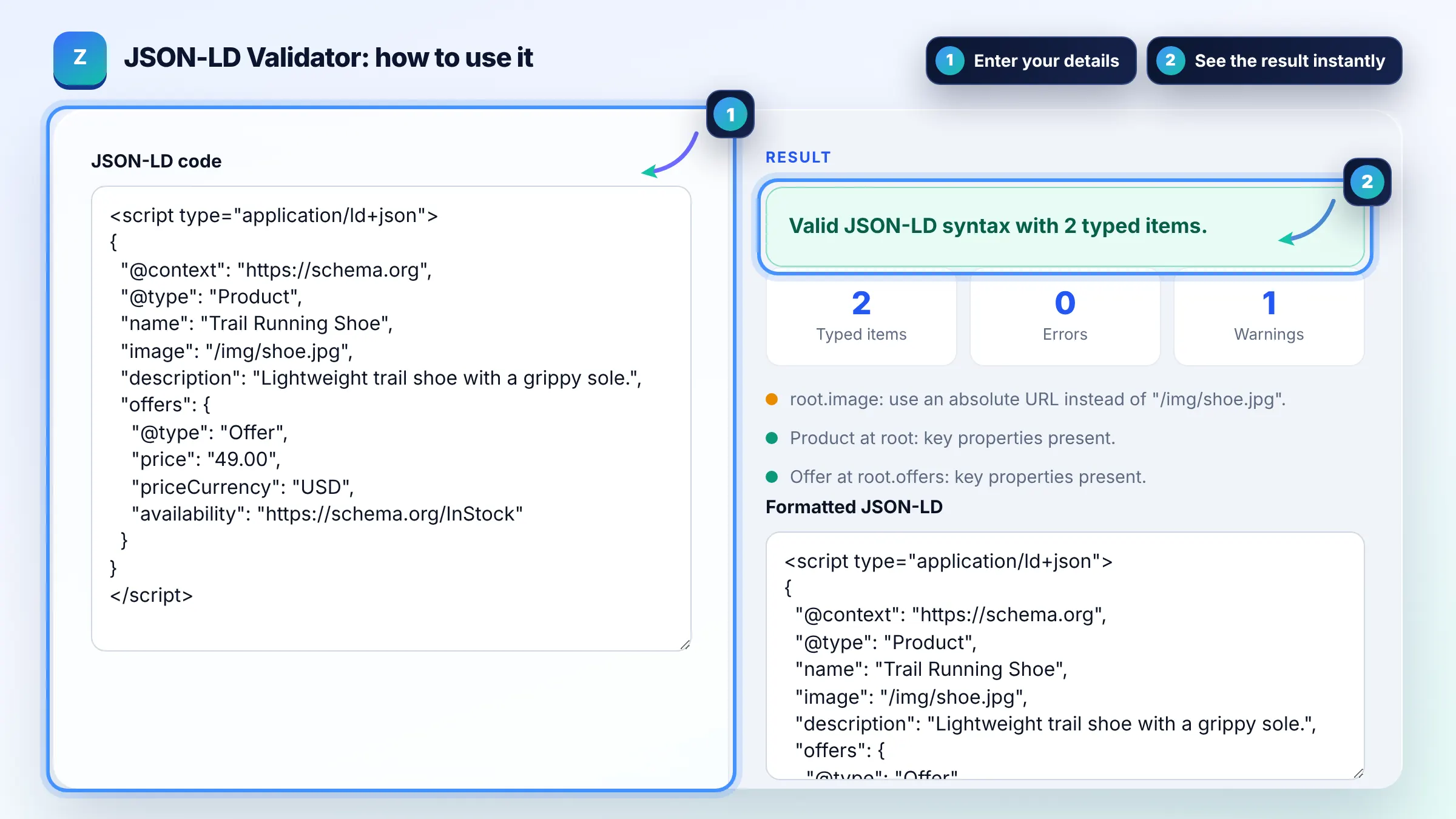 How to use the JSON-LD Validator: enter details, see the result and copy it