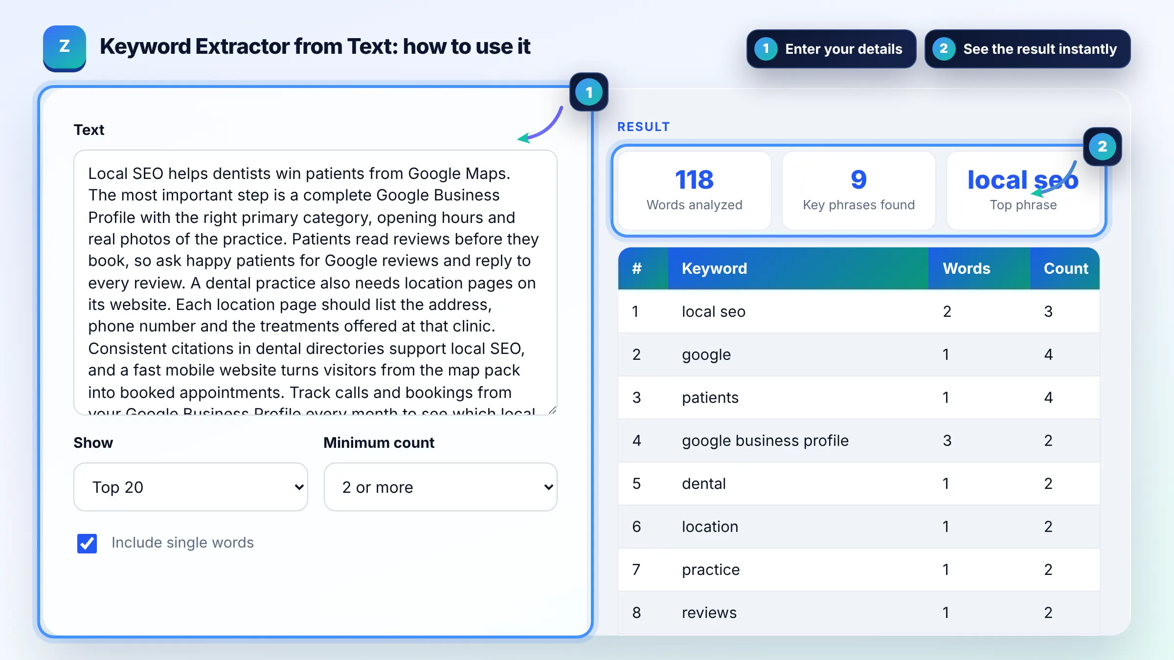 How to use the Keyword Extractor from Text: enter details, see the result and copy it