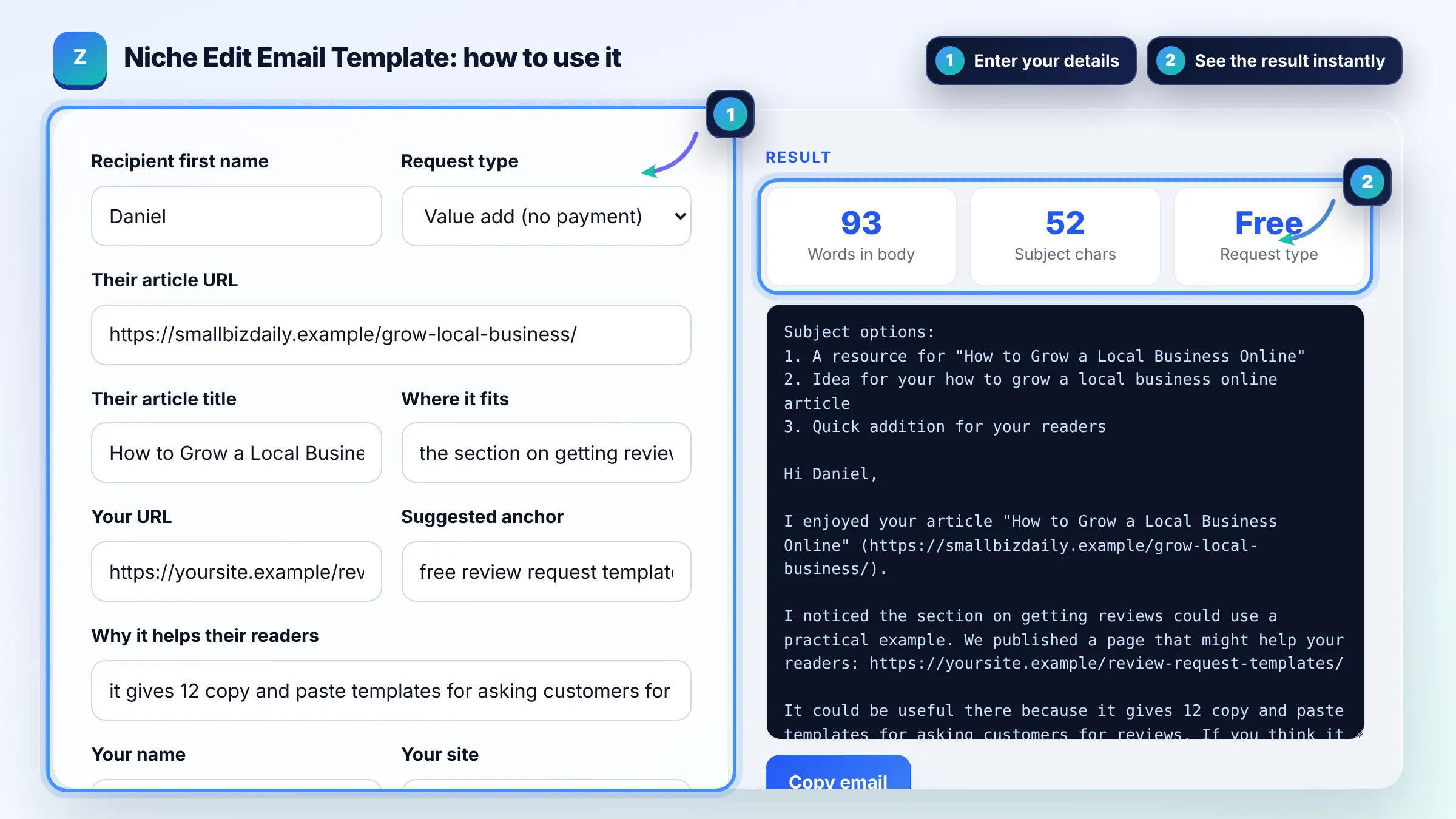 How to use the Niche Edit Email Template: enter details, see the result and copy it
