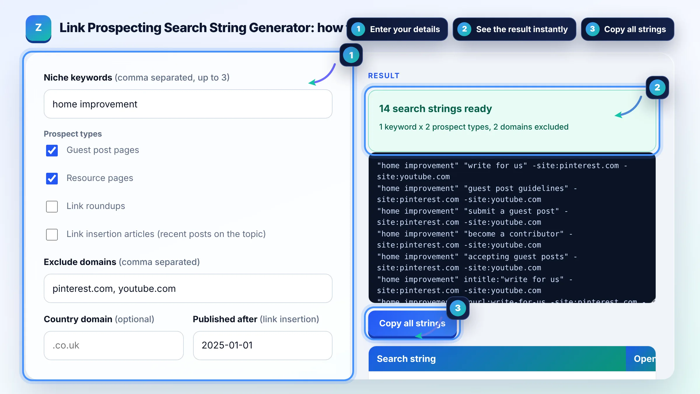 How to use the Link Prospecting Search String Generator: enter details, see the result and copy it