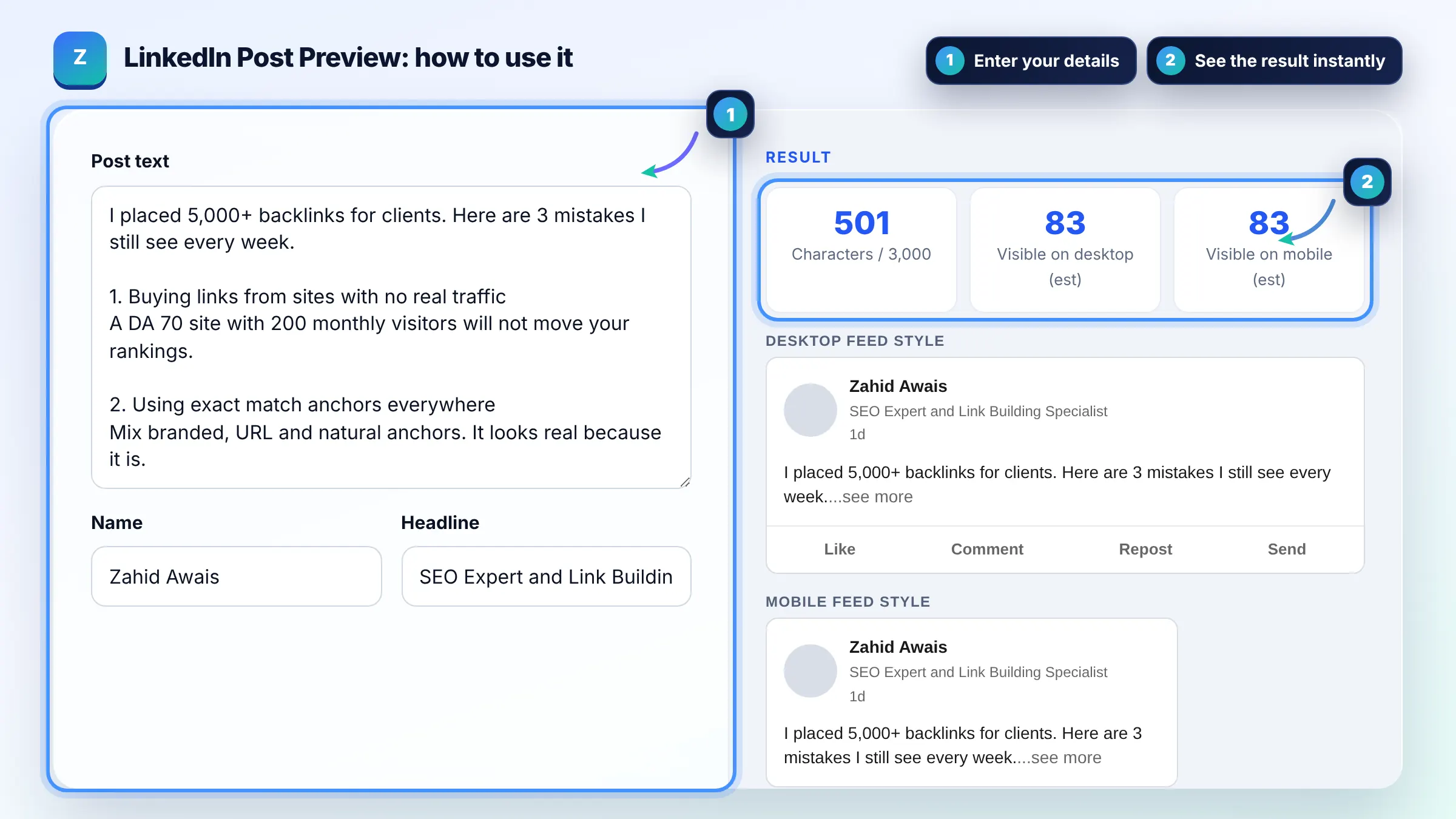 How to use the LinkedIn Post Preview: enter details, see the result and copy it