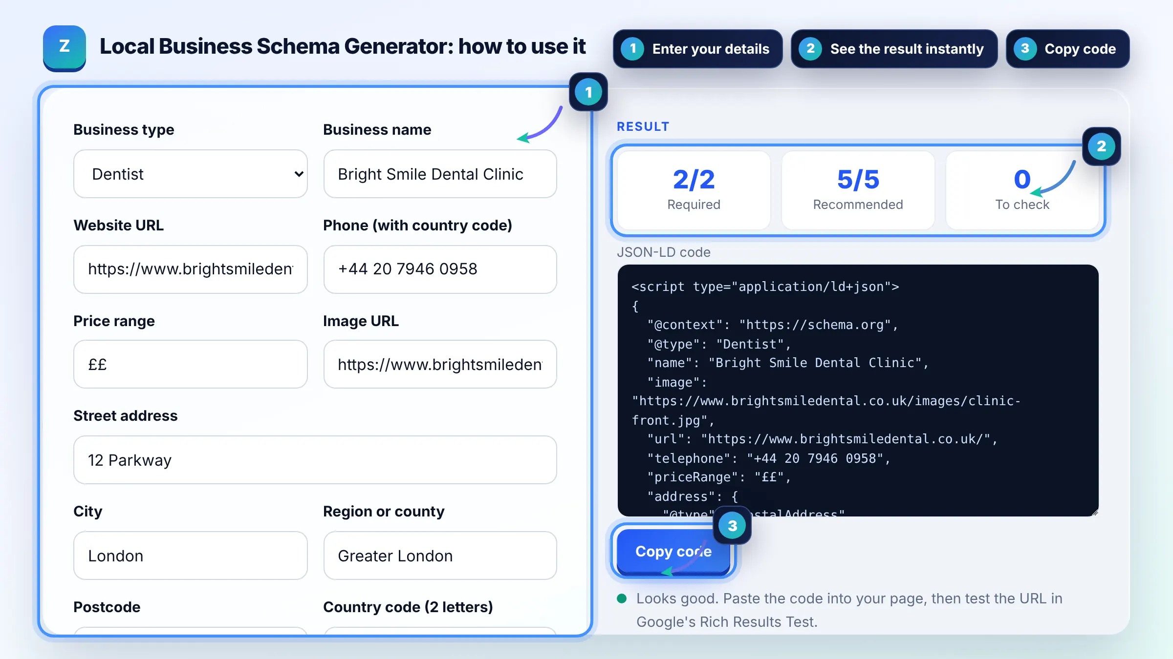 How to use the Local Business Schema Generator: enter details, see the result and copy it
