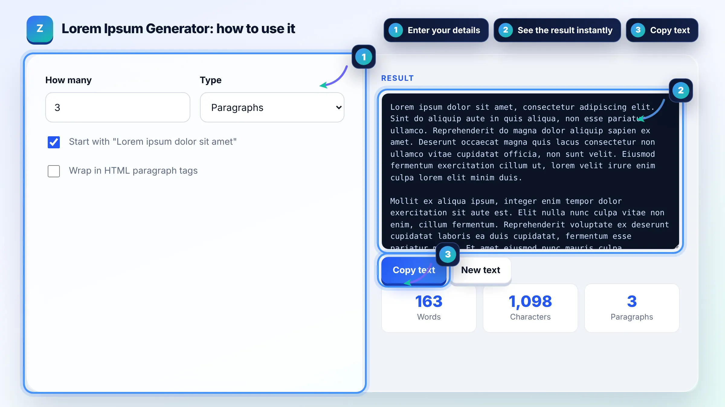How to use the Lorem Ipsum Generator: enter details, see the result and copy it