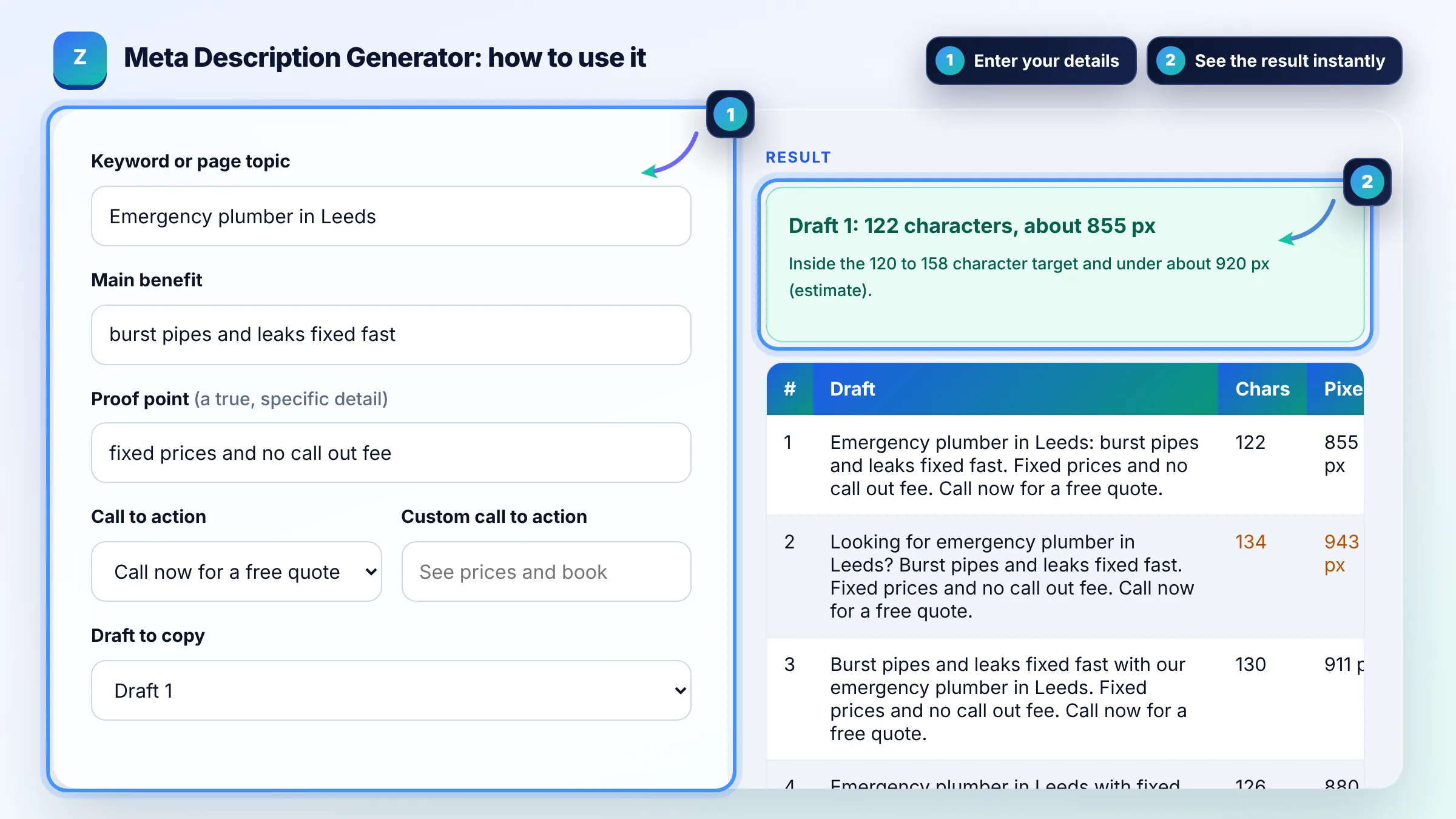 How to use the Meta Description Generator: enter details, see the result and copy it