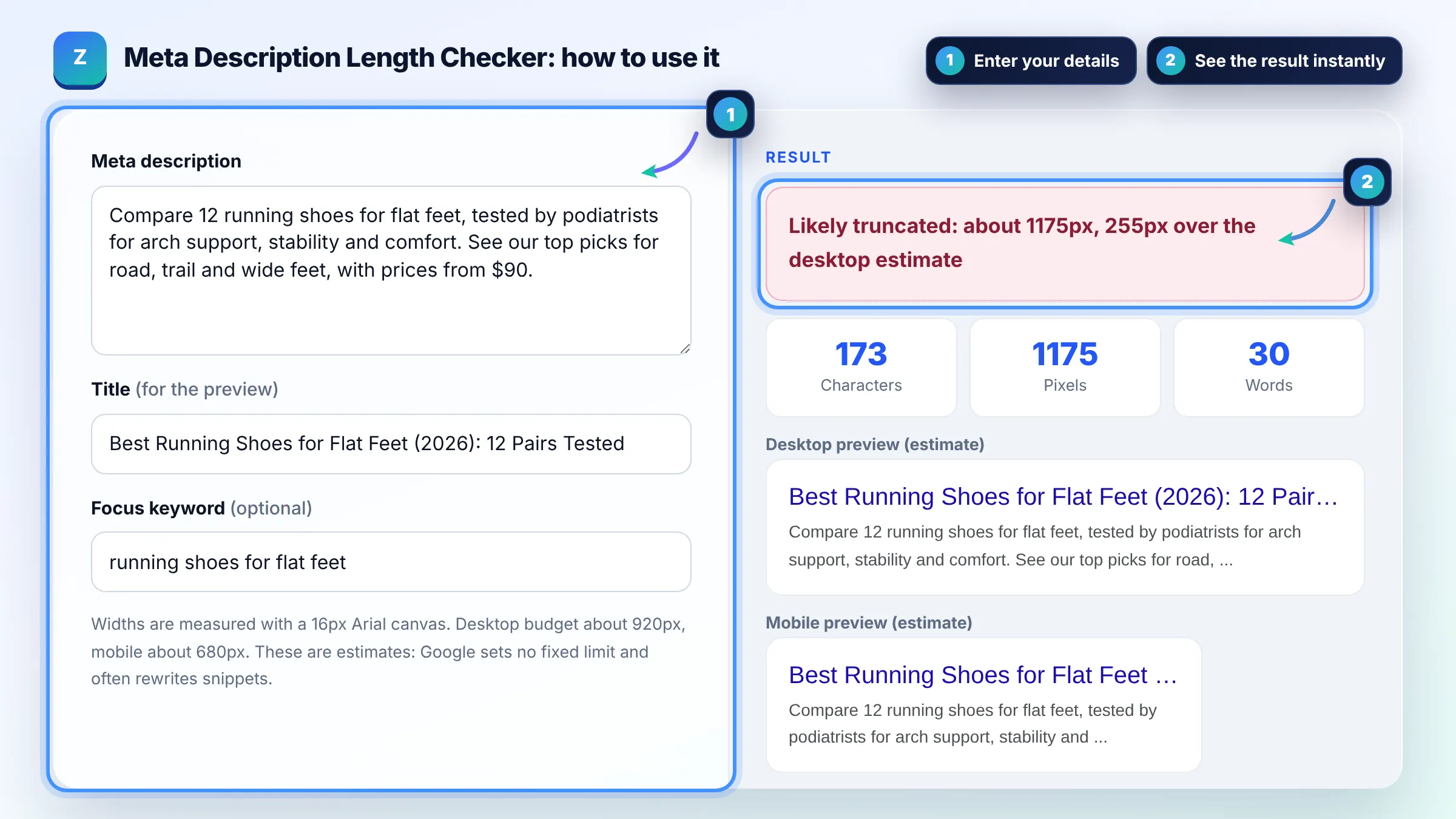 How to use the Meta Description Length Checker: enter details, see the result and copy it