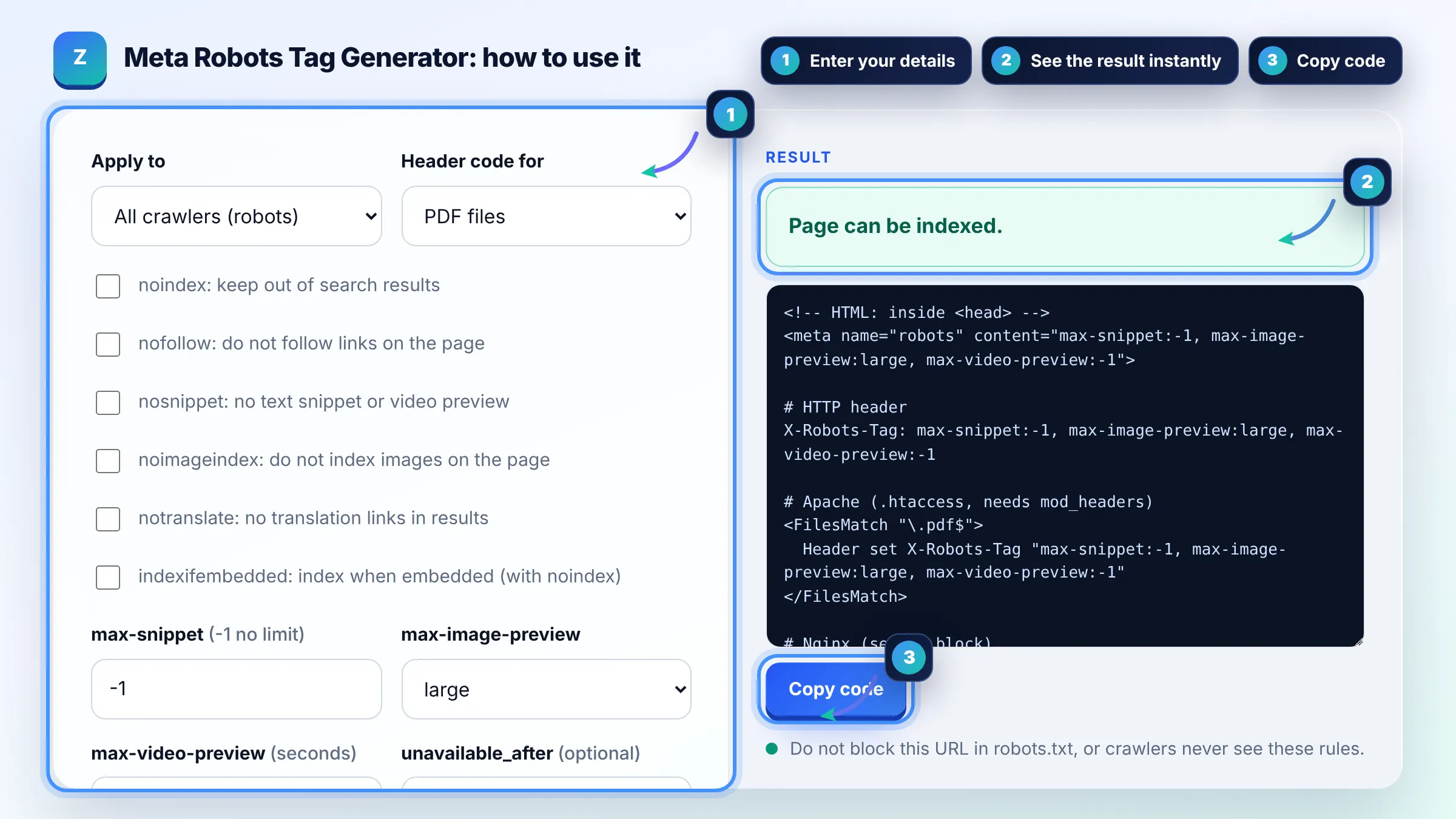 How to use the Meta Robots Tag Generator: enter details, see the result and copy it