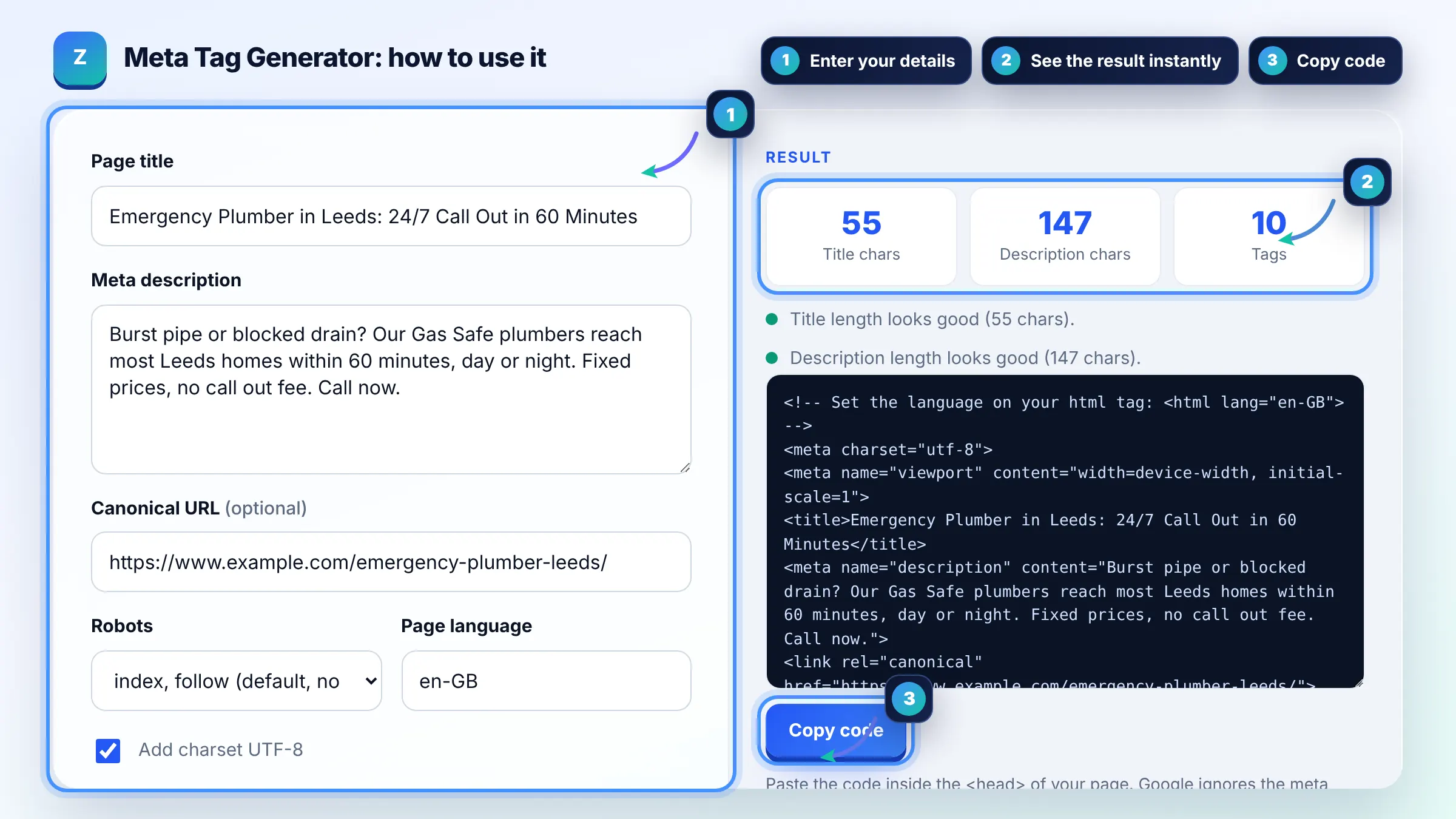 How to use the Meta Tag Generator: enter details, see the result and copy it