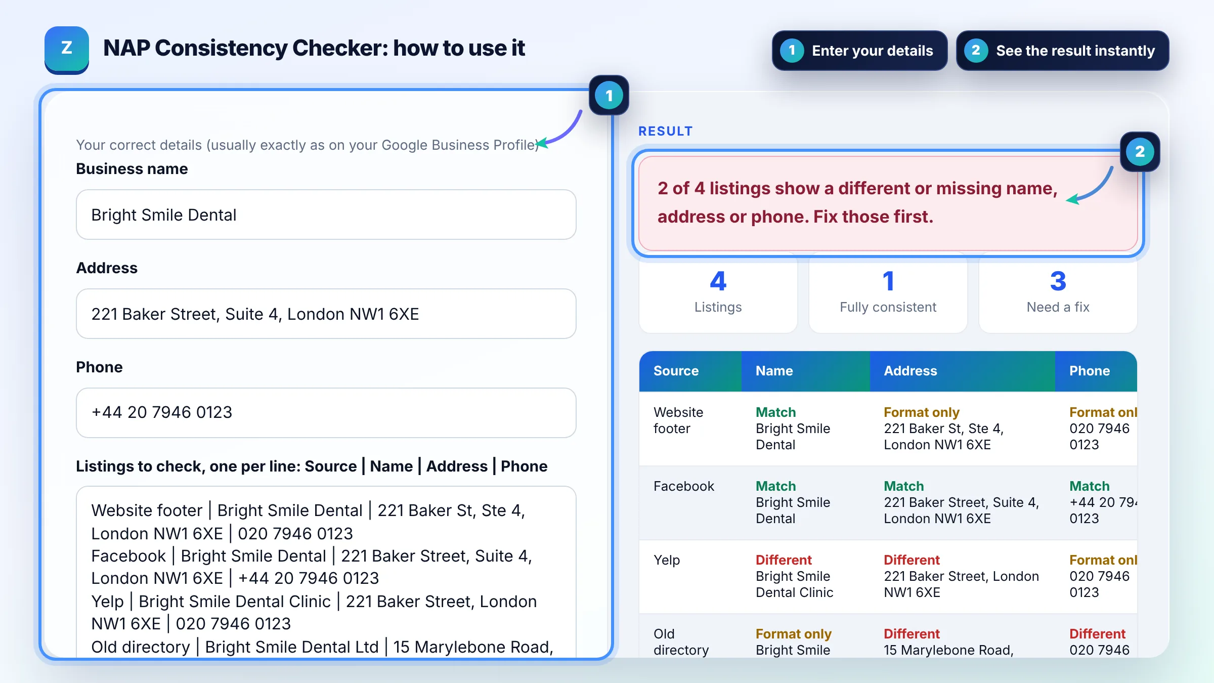 How to use the NAP Consistency Checker: enter details, see the result and copy it