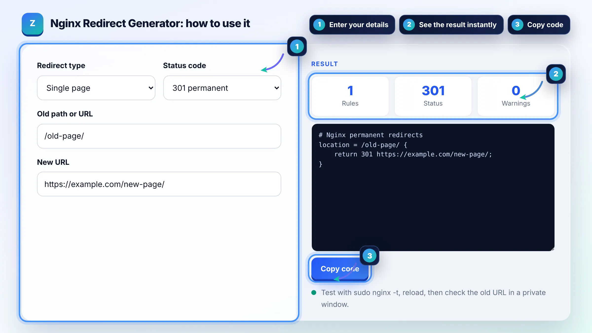How to use the Nginx Redirect Generator: enter details, see the result and copy it