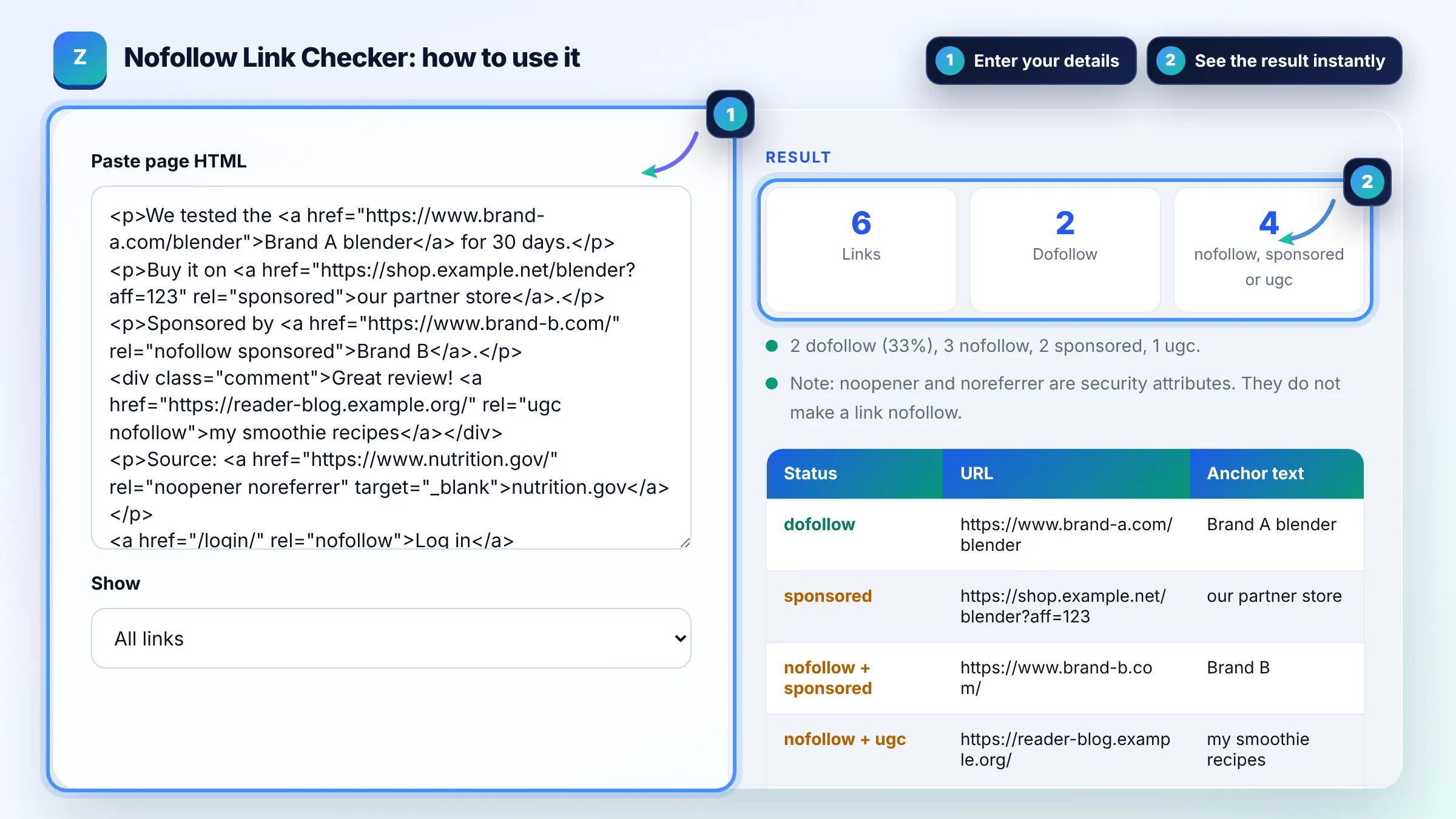 How to use the Nofollow Link Checker: enter details, see the result and copy it