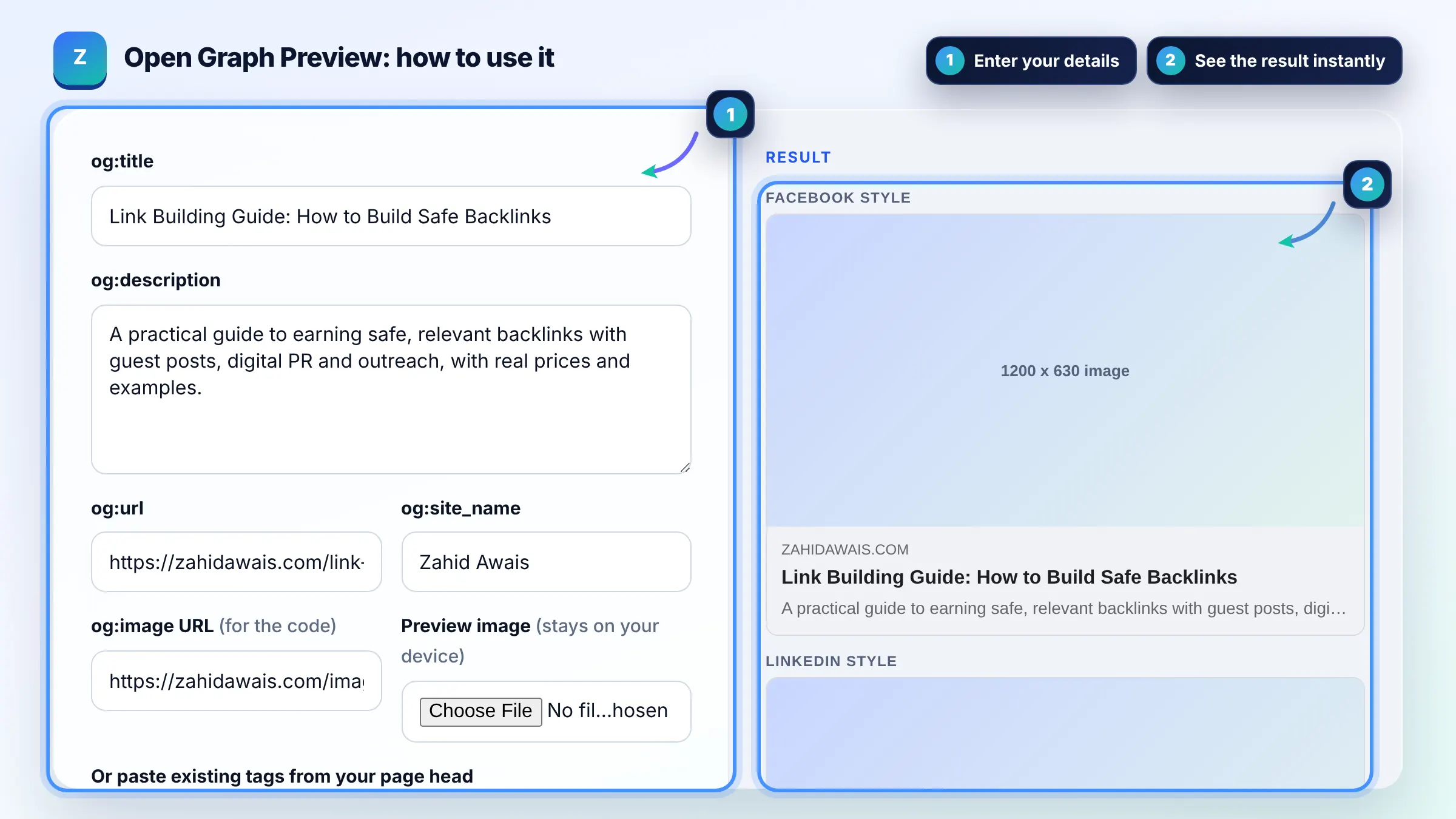 How to use the Open Graph Preview: enter details, see the result and copy it