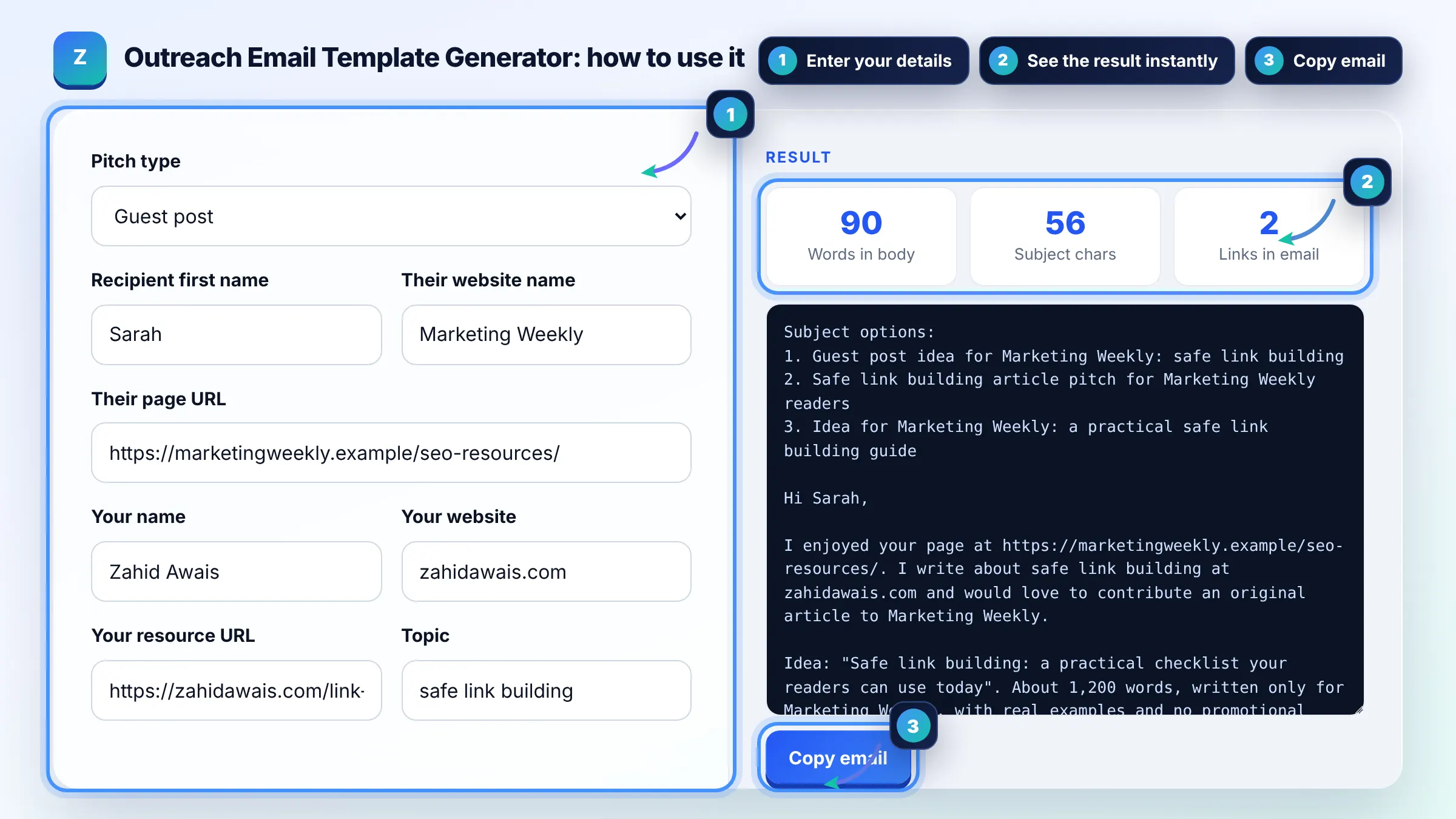 How to use the Outreach Email Template Generator: enter details, see the result and copy it