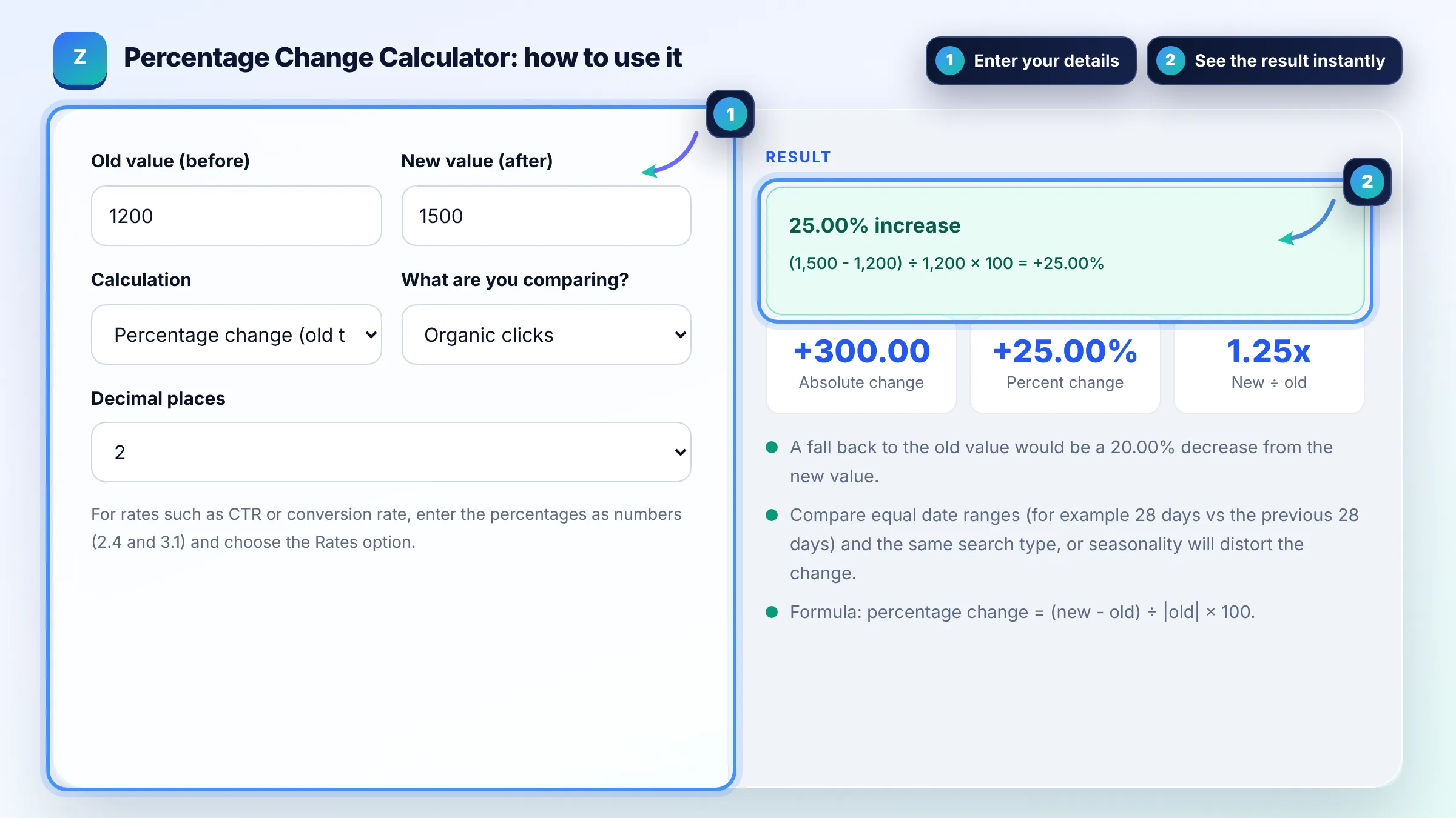 How to use the Percentage Change Calculator: enter details, see the result and copy it