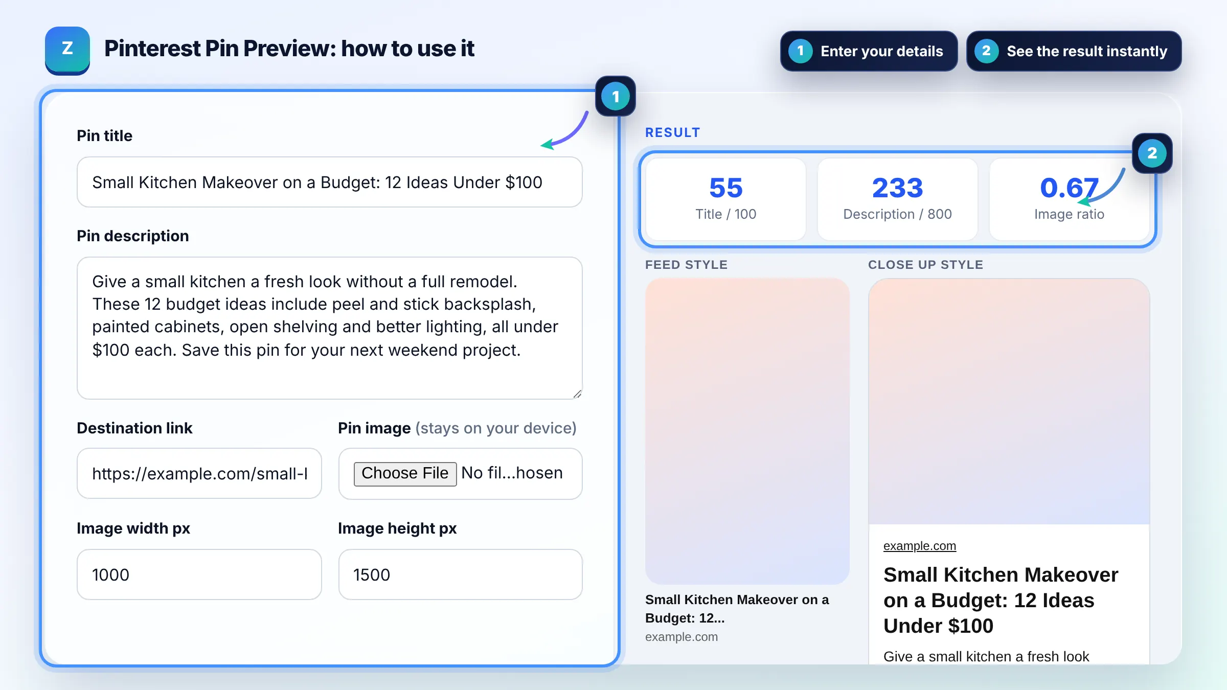 How to use the Pinterest Pin Preview: enter details, see the result and copy it