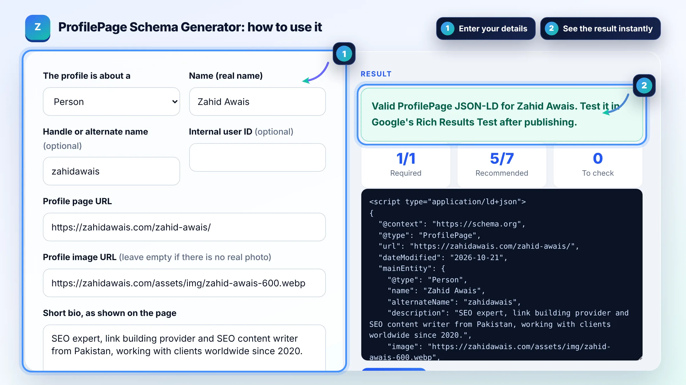 How to use the ProfilePage Schema Generator: enter details, see the result and copy it