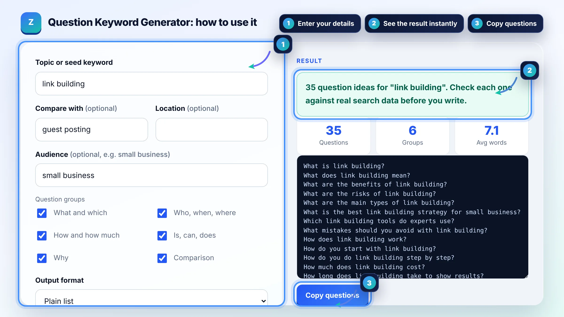 How to use the Question Keyword Generator: enter details, see the result and copy it