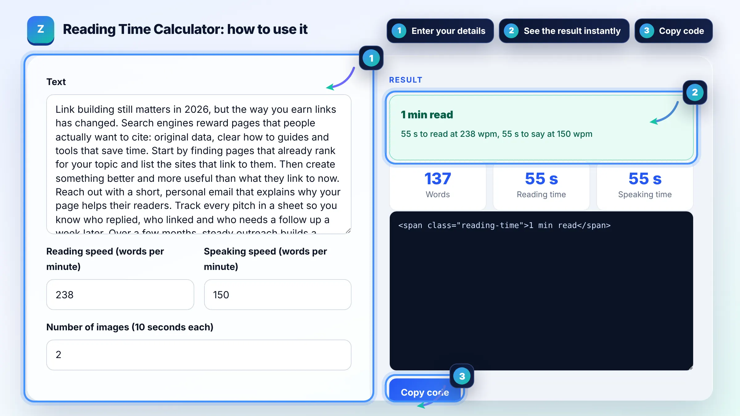 How to use the Reading Time Calculator: enter details, see the result and copy it
