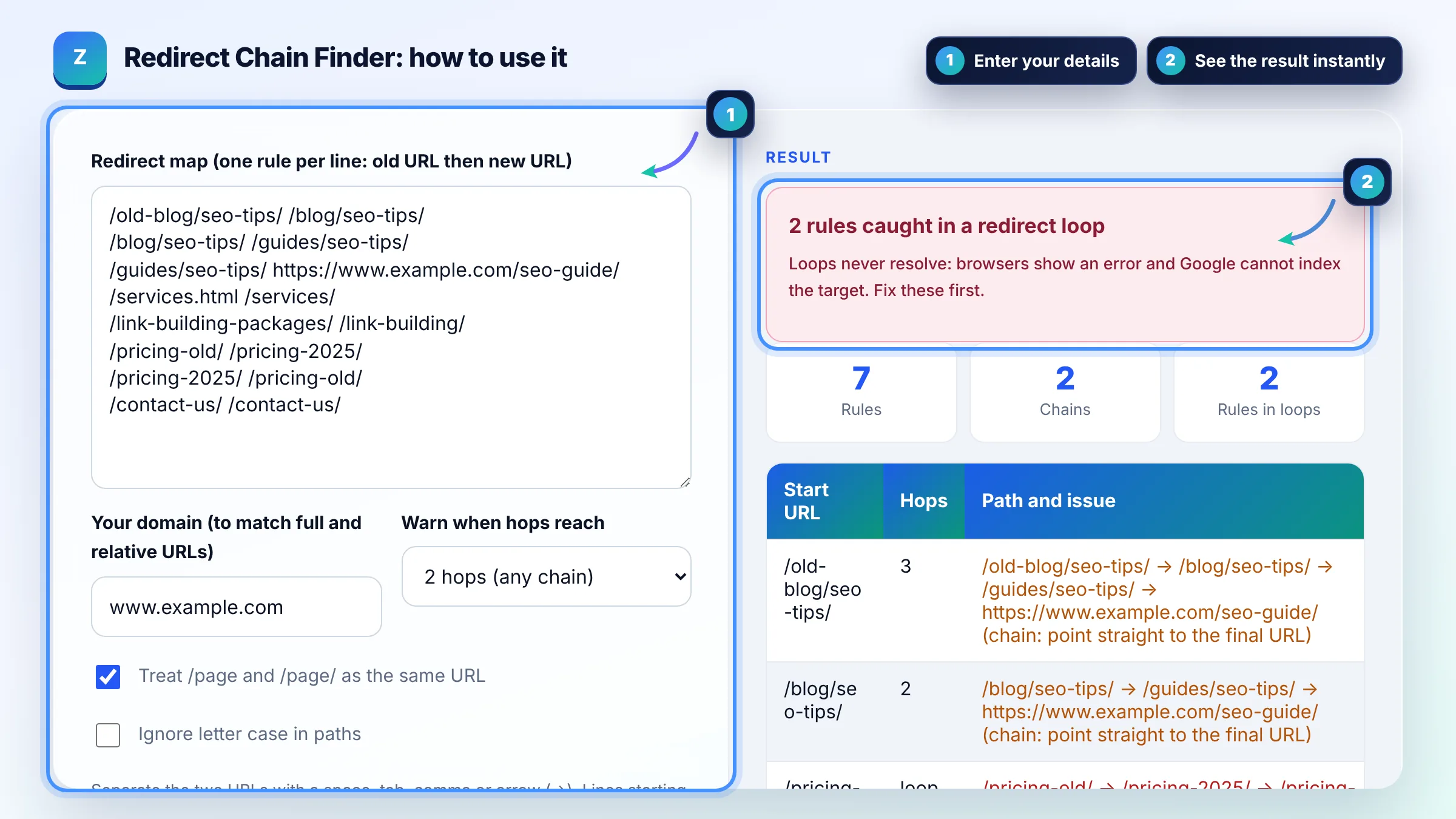 How to use the Redirect Chain Finder: enter details, see the result and copy it