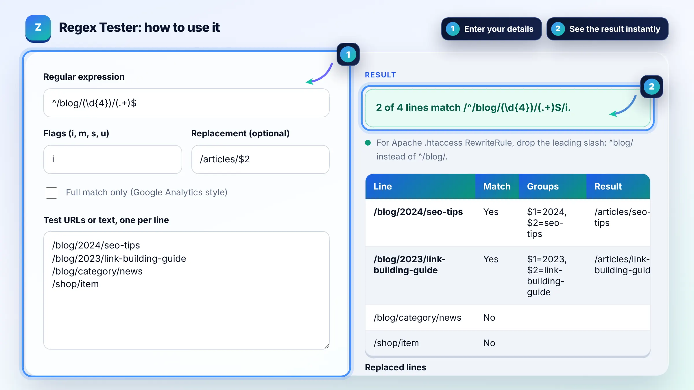 How to use the Regex Tester: enter details, see the result and copy it