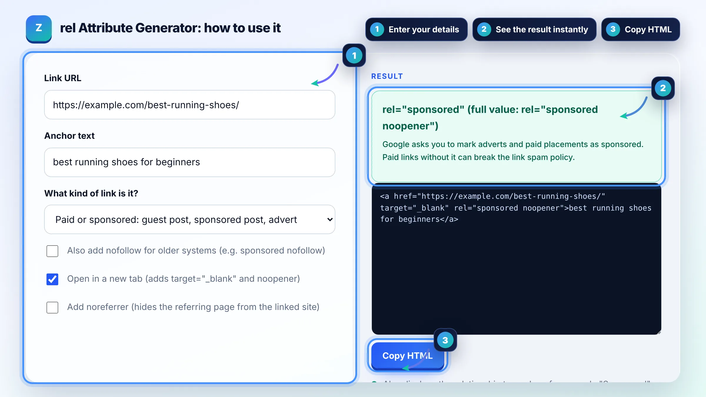 How to use the rel Attribute Generator: enter details, see the result and copy it