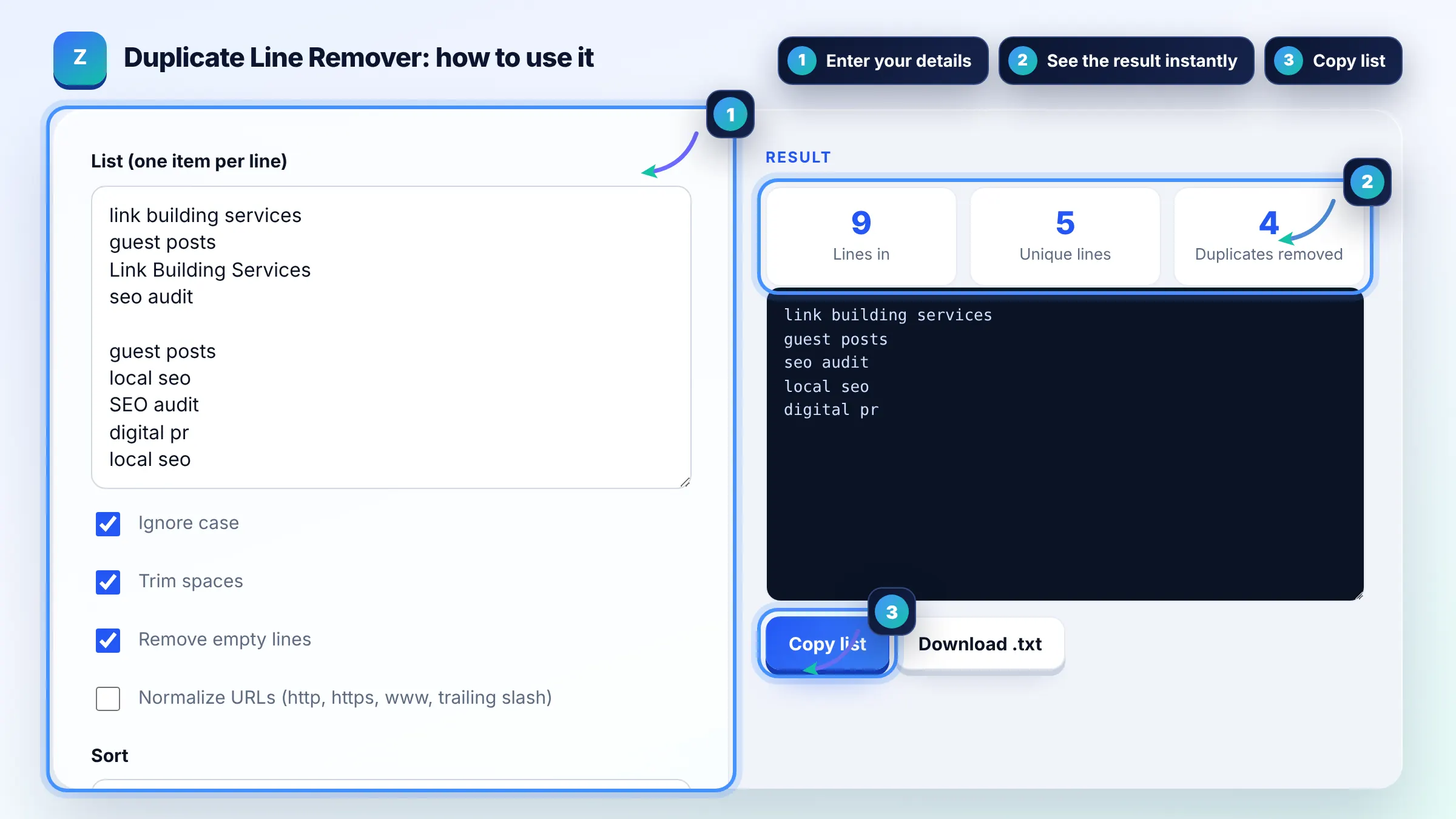 How to use the Duplicate Line Remover: enter details, see the result and copy it