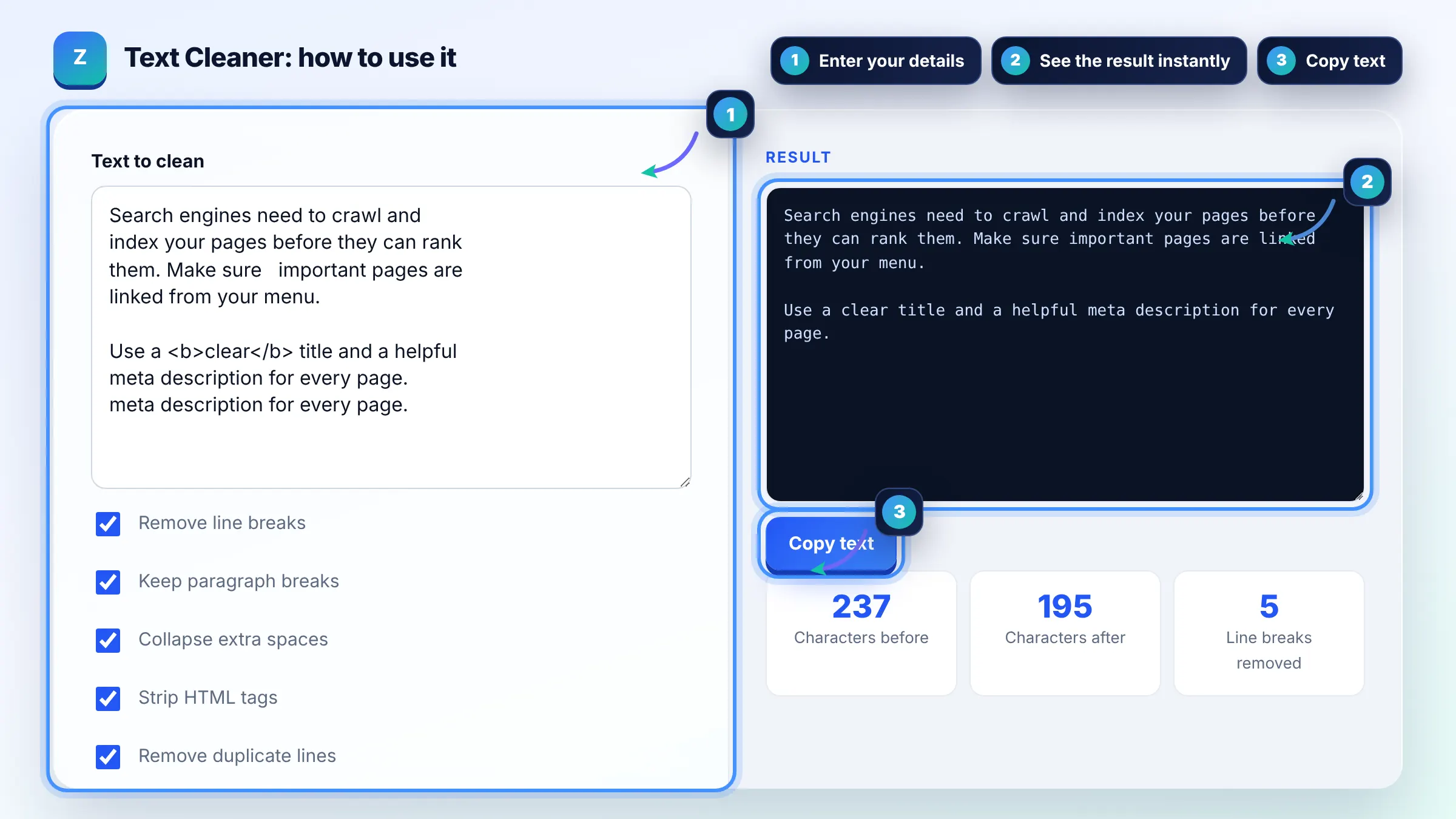 How to use the Text Cleaner: enter details, see the result and copy it