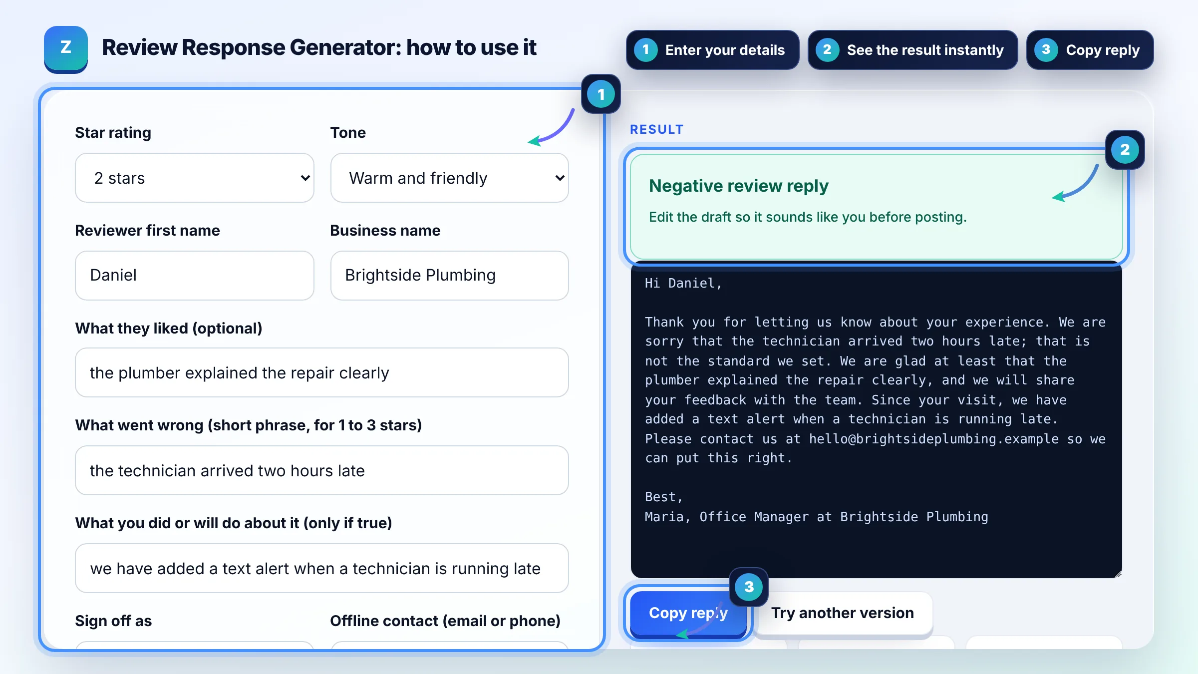 How to use the Review Response Generator: enter details, see the result and copy it