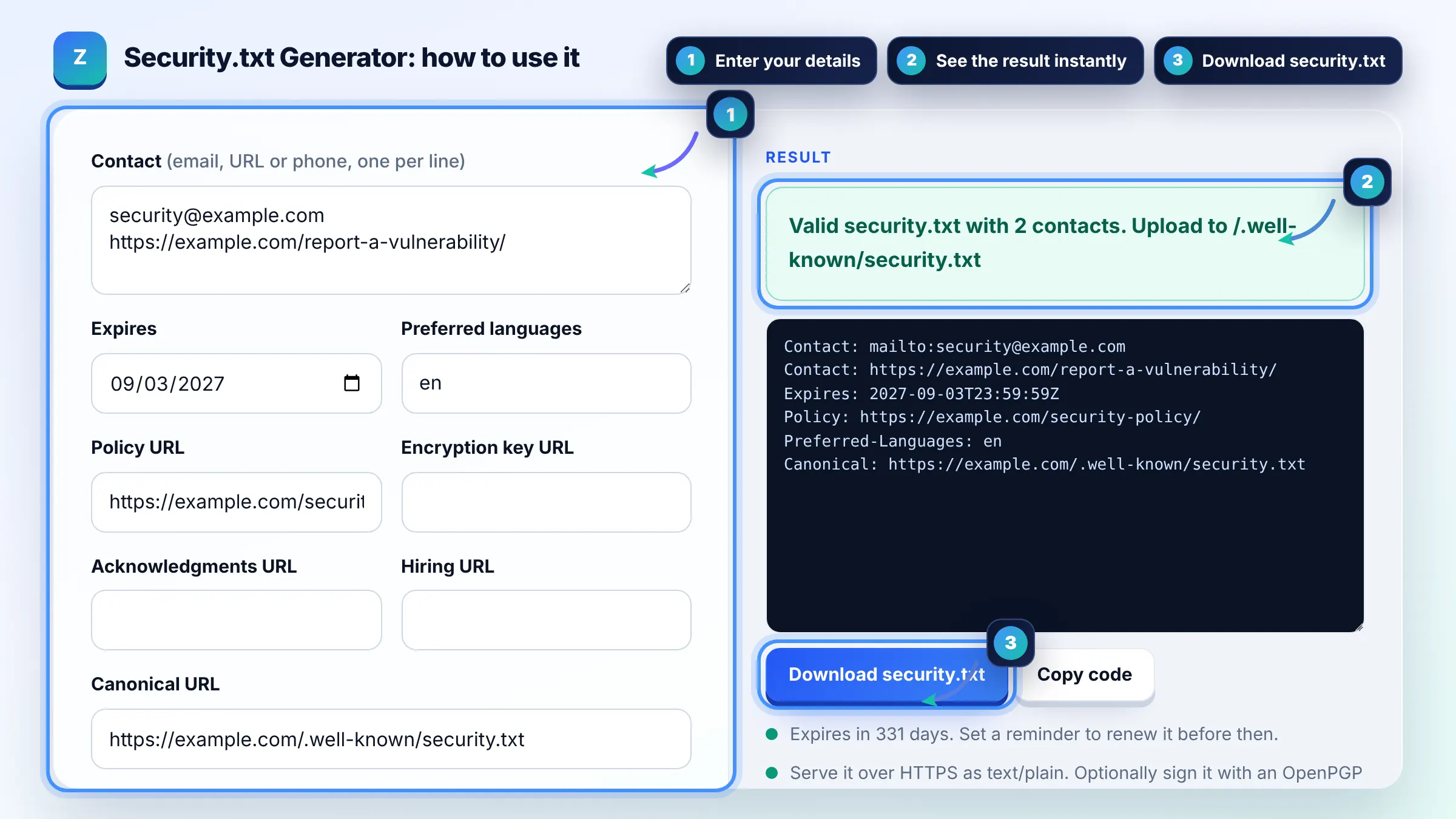 How to use the Security.txt Generator: enter details, see the result and copy it