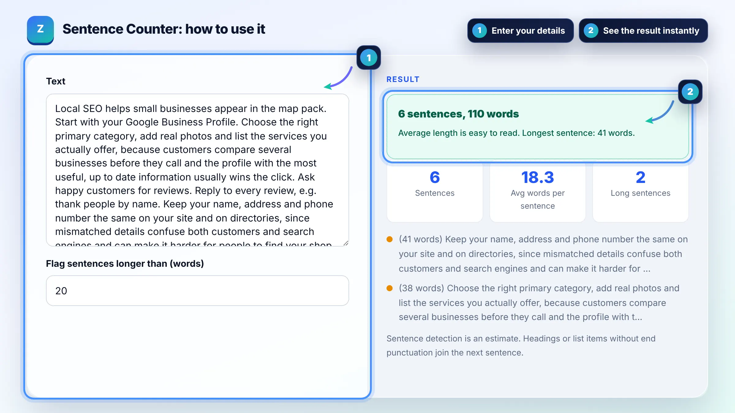How to use the Sentence Counter: enter details, see the result and copy it