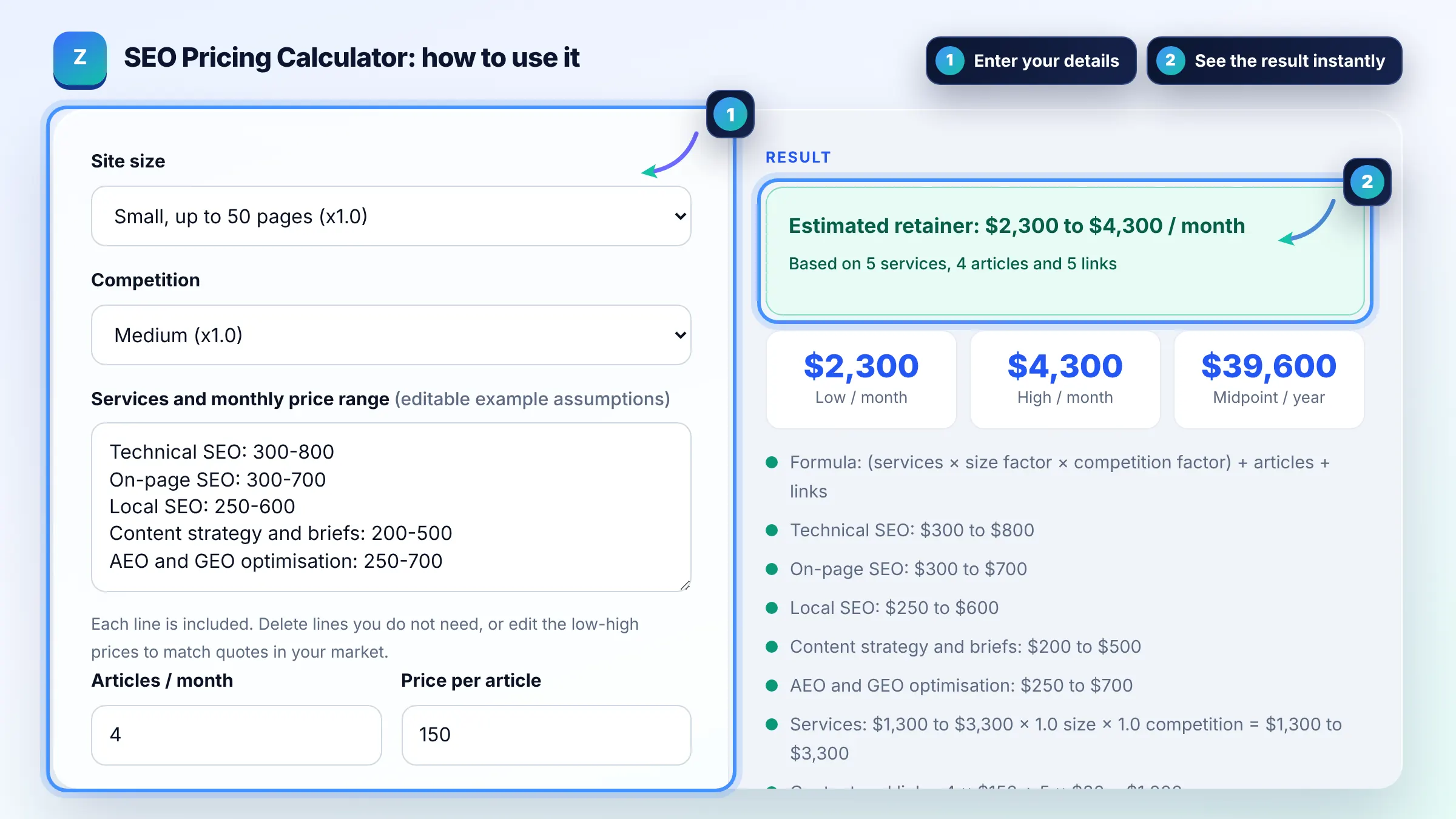 How to use the SEO Pricing Calculator: enter details, see the result and copy it