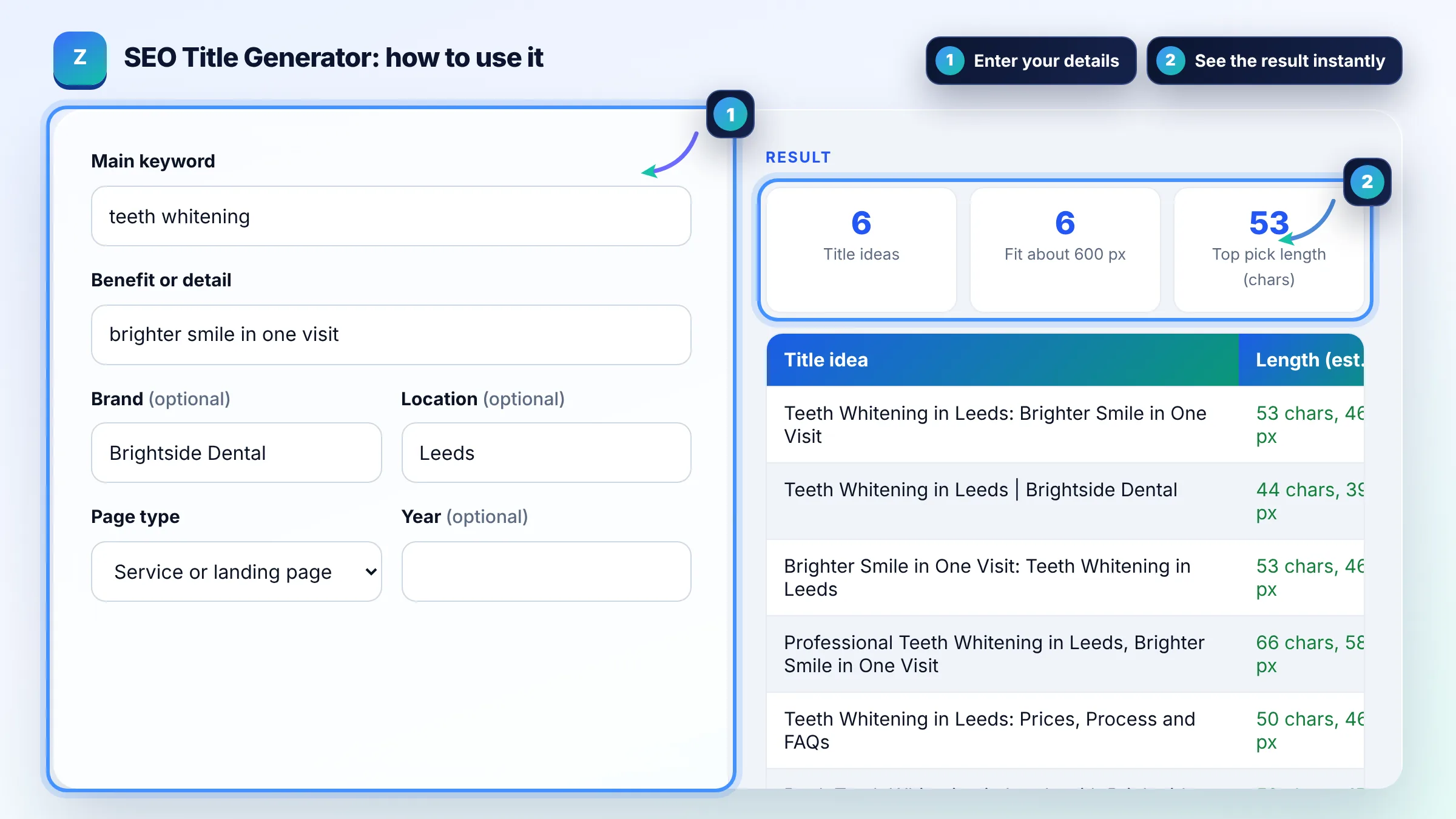How to use the SEO Title Generator: enter details, see the result and copy it