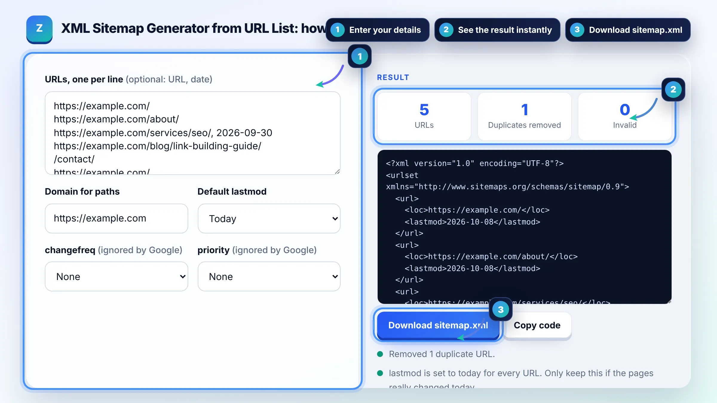 How to use the XML Sitemap Generator from URL List: enter details, see the result and copy it