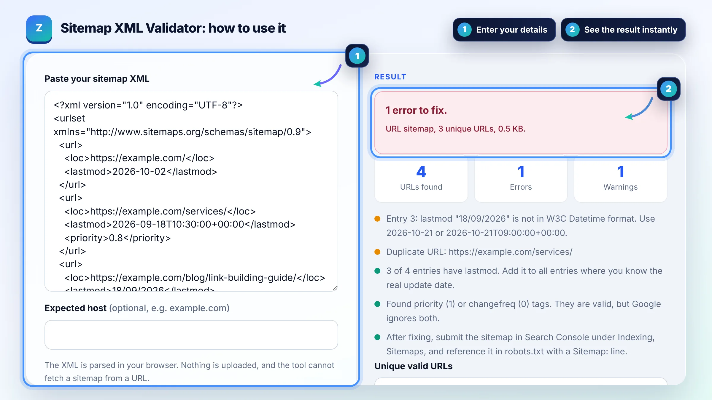 How to use the Sitemap XML Validator: enter details, see the result and copy it