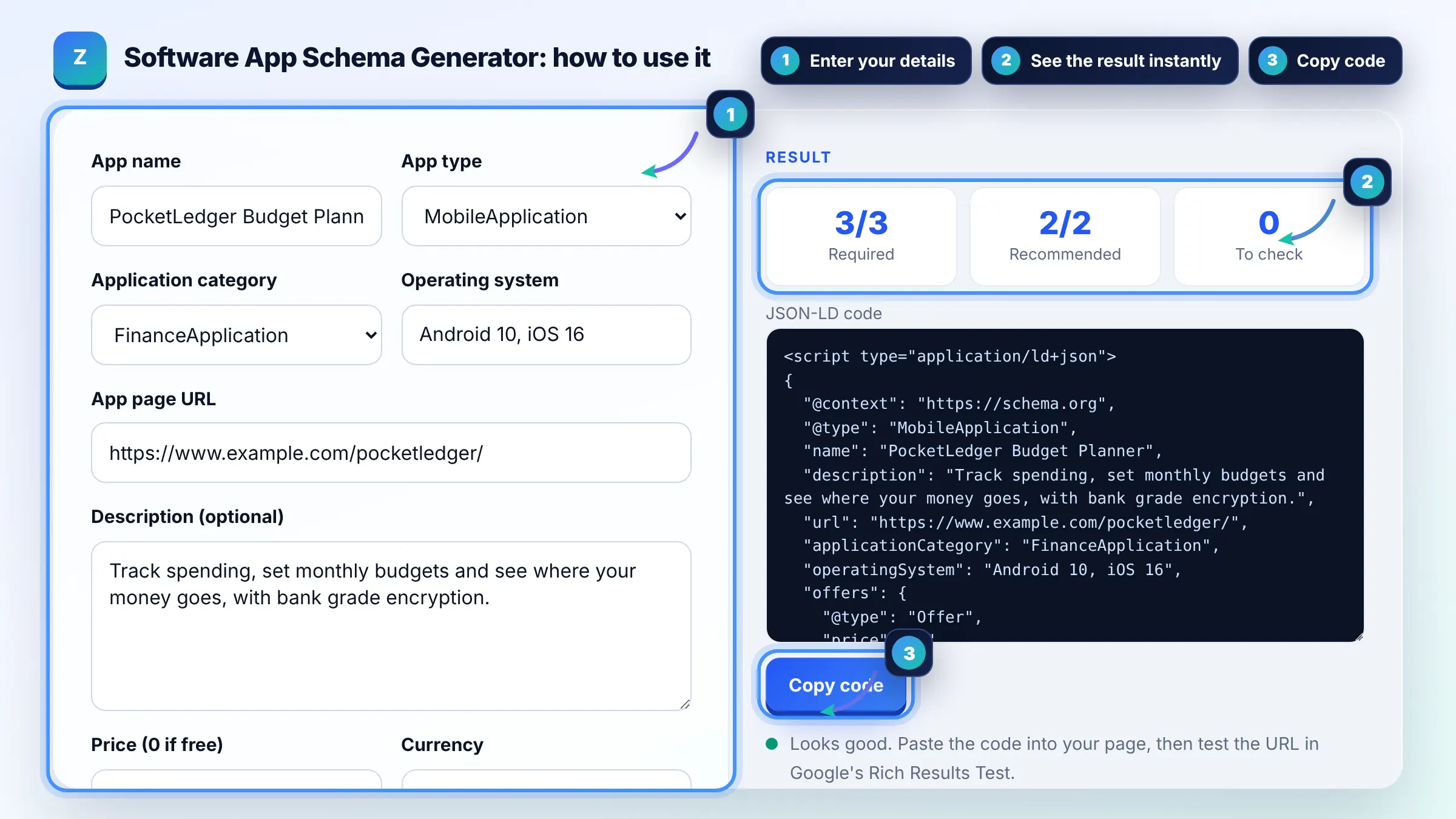 How to use the Software App Schema Generator: enter details, see the result and copy it