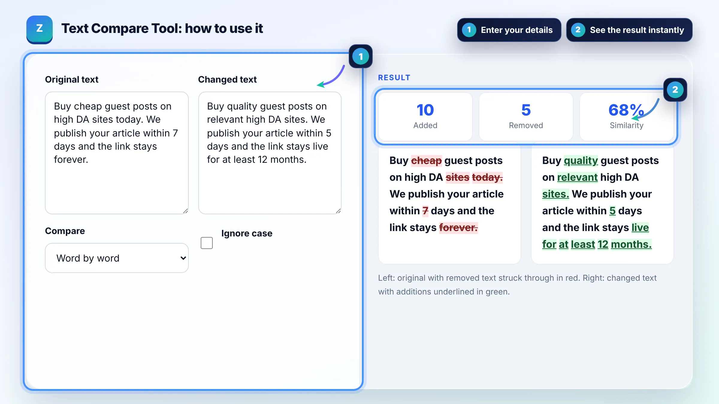 How to use the Text Compare Tool: enter details, see the result and copy it