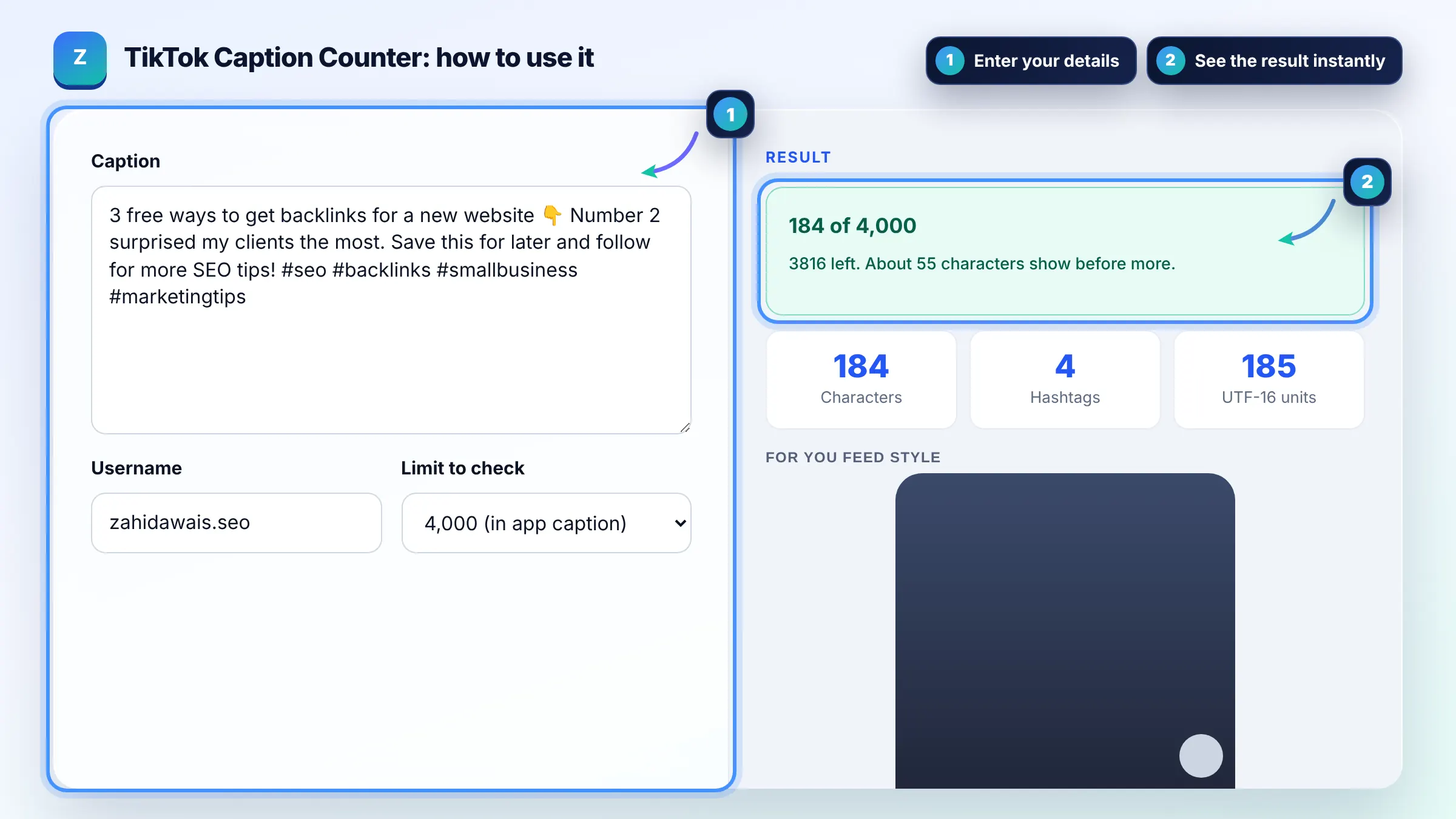 How to use the TikTok Caption Counter: enter details, see the result and copy it