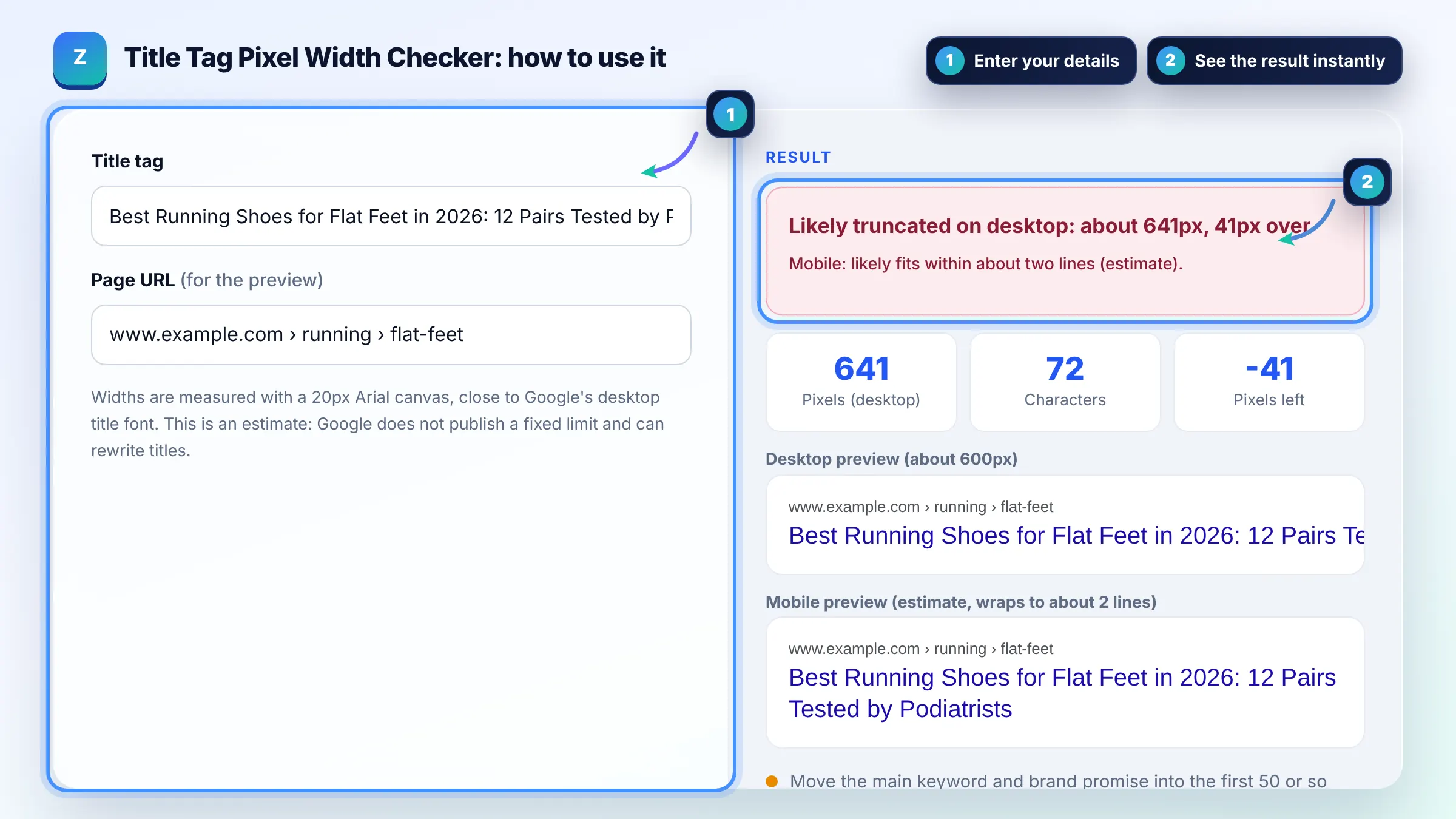 How to use the Title Tag Pixel Width Checker: enter details, see the result and copy it