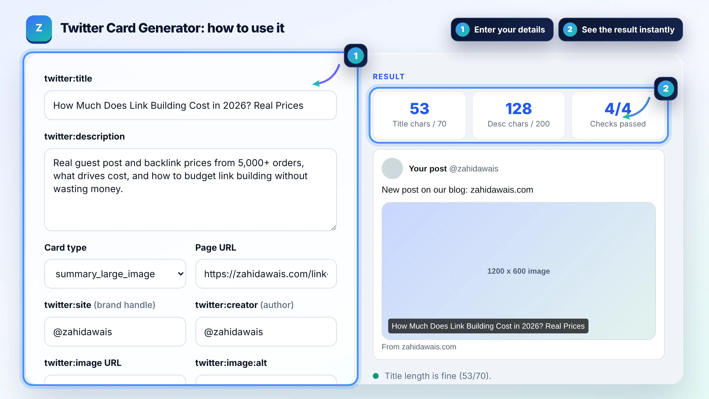 How to use the Twitter Card Generator: enter details, see the result and copy it