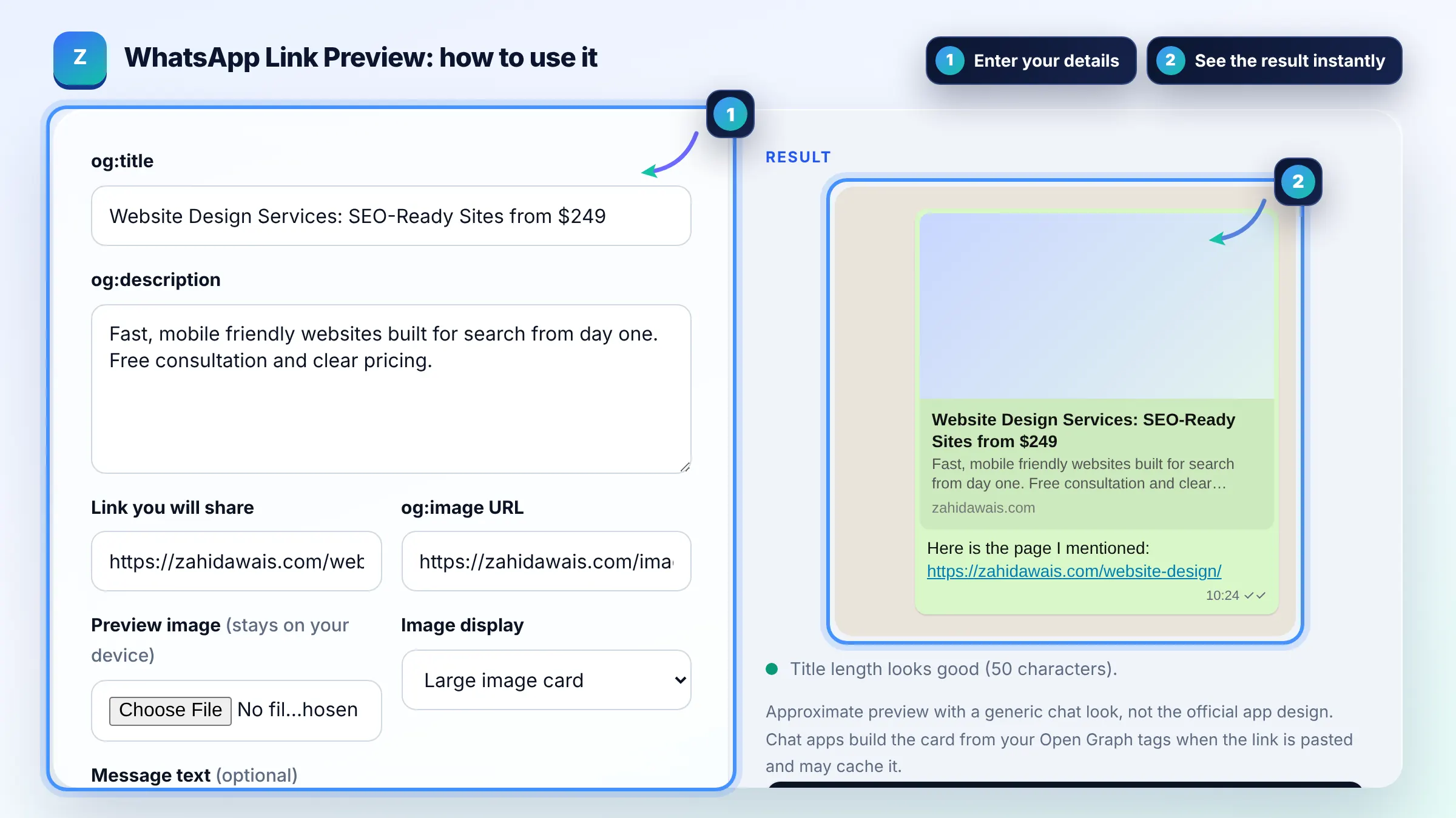 How to use the WhatsApp Link Preview: enter details, see the result and copy it