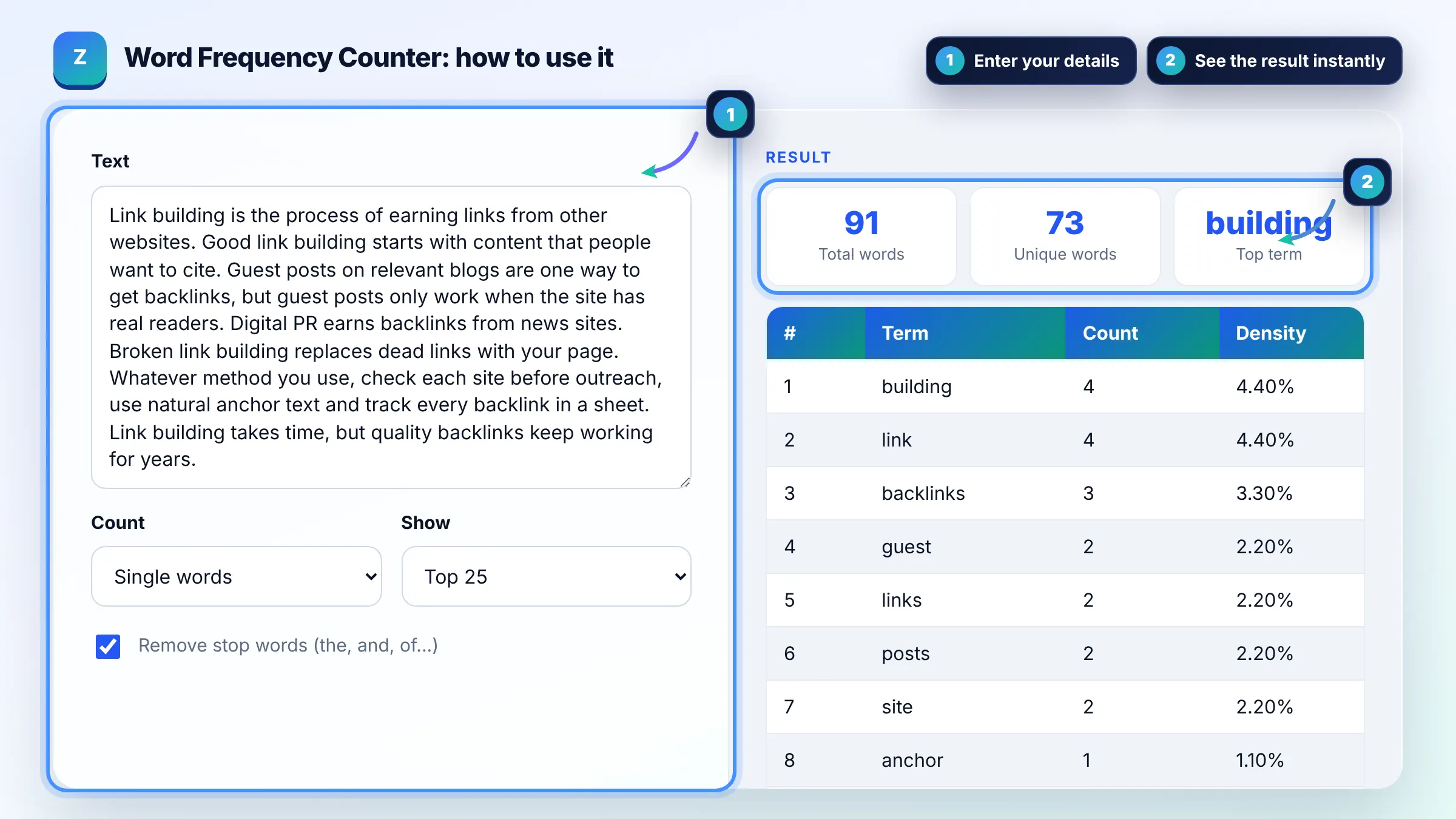 How to use the Word Frequency Counter: enter details, see the result and copy it