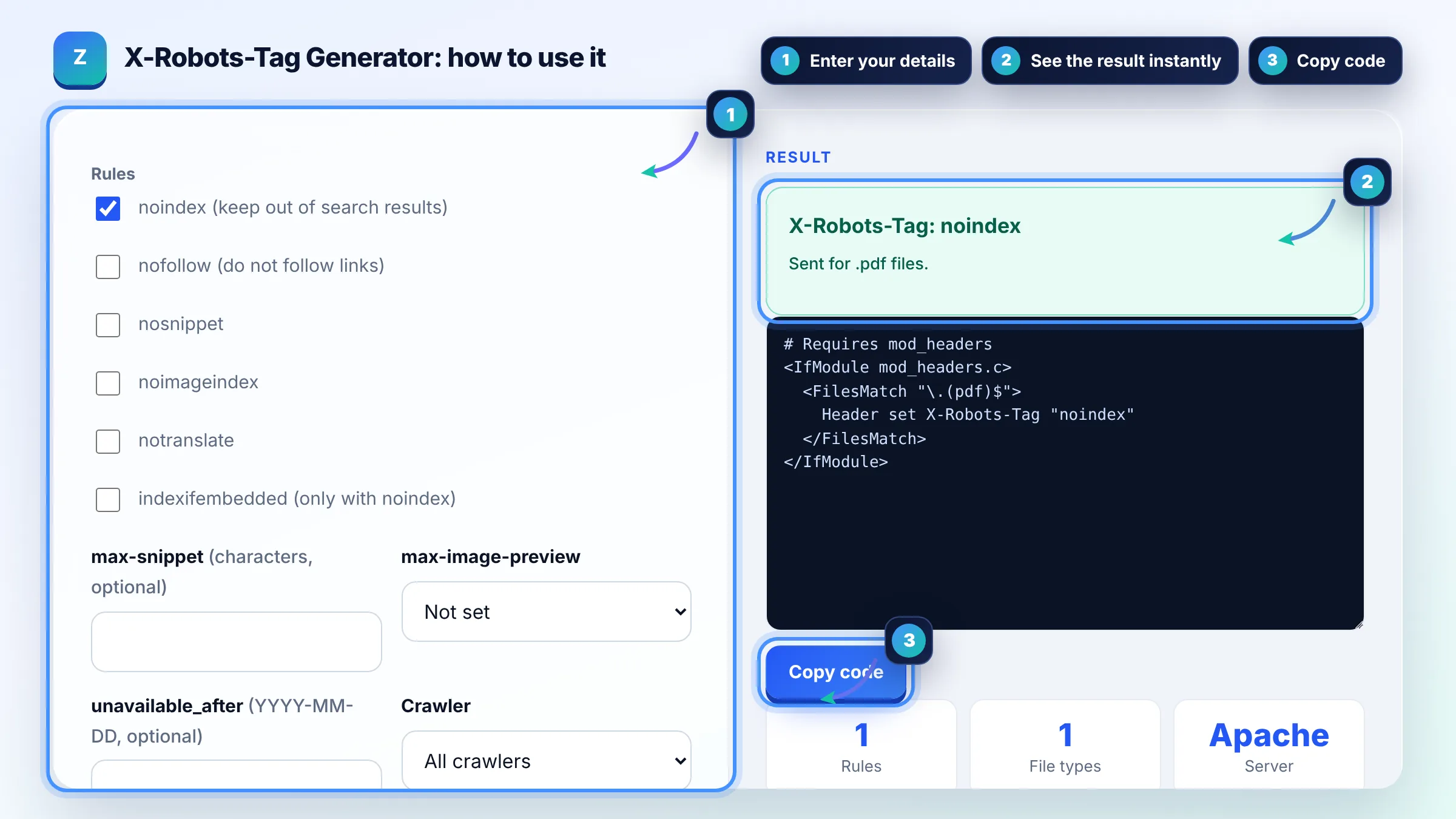 How to use the X-Robots-Tag Generator: enter details, see the result and copy it
