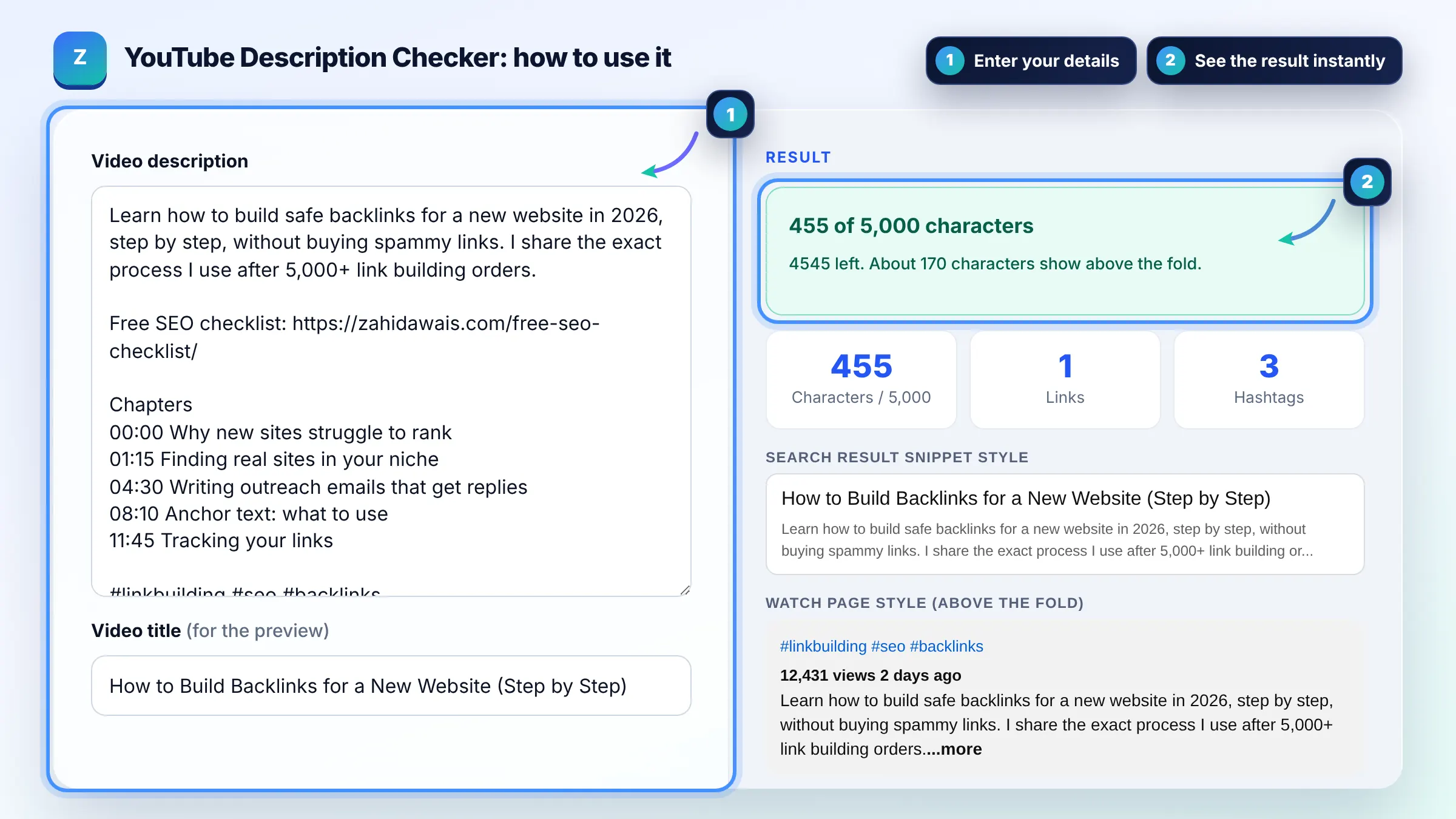 How to use the YouTube Description Checker: enter details, see the result and copy it
