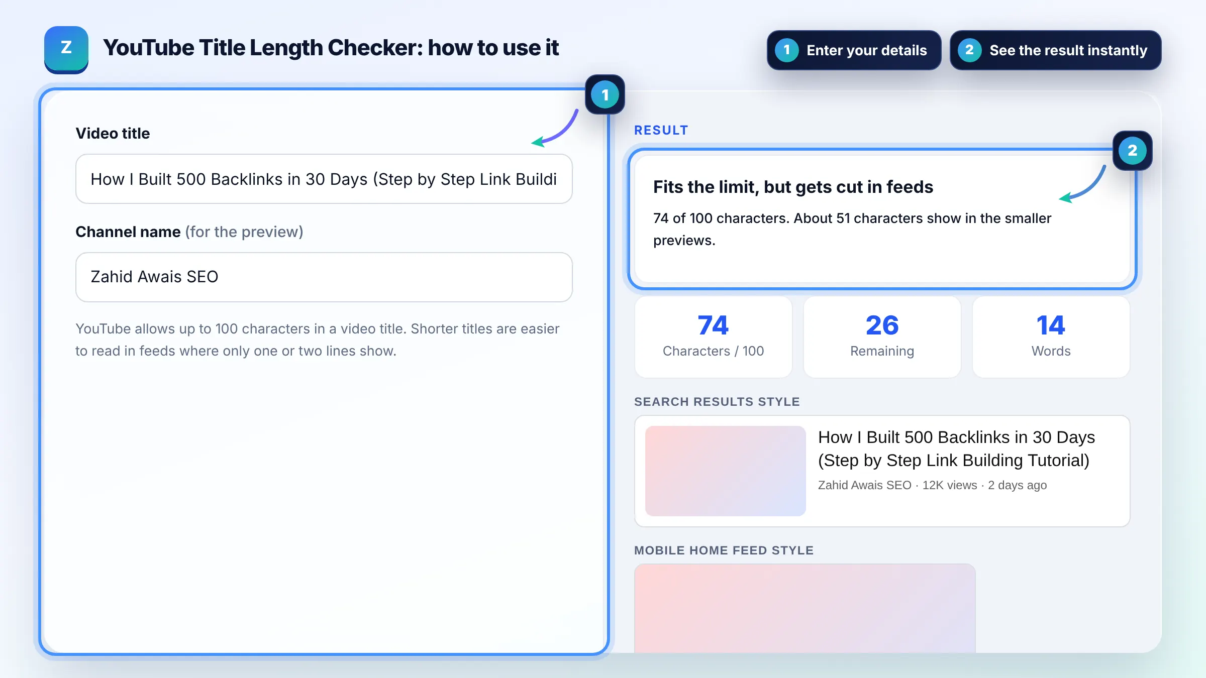 How to use the YouTube Title Length Checker: enter details, see the result and copy it